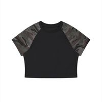 Women’s camo raglan crop t-shirt with cotton body and camouflage sleeves in casual streetwear style