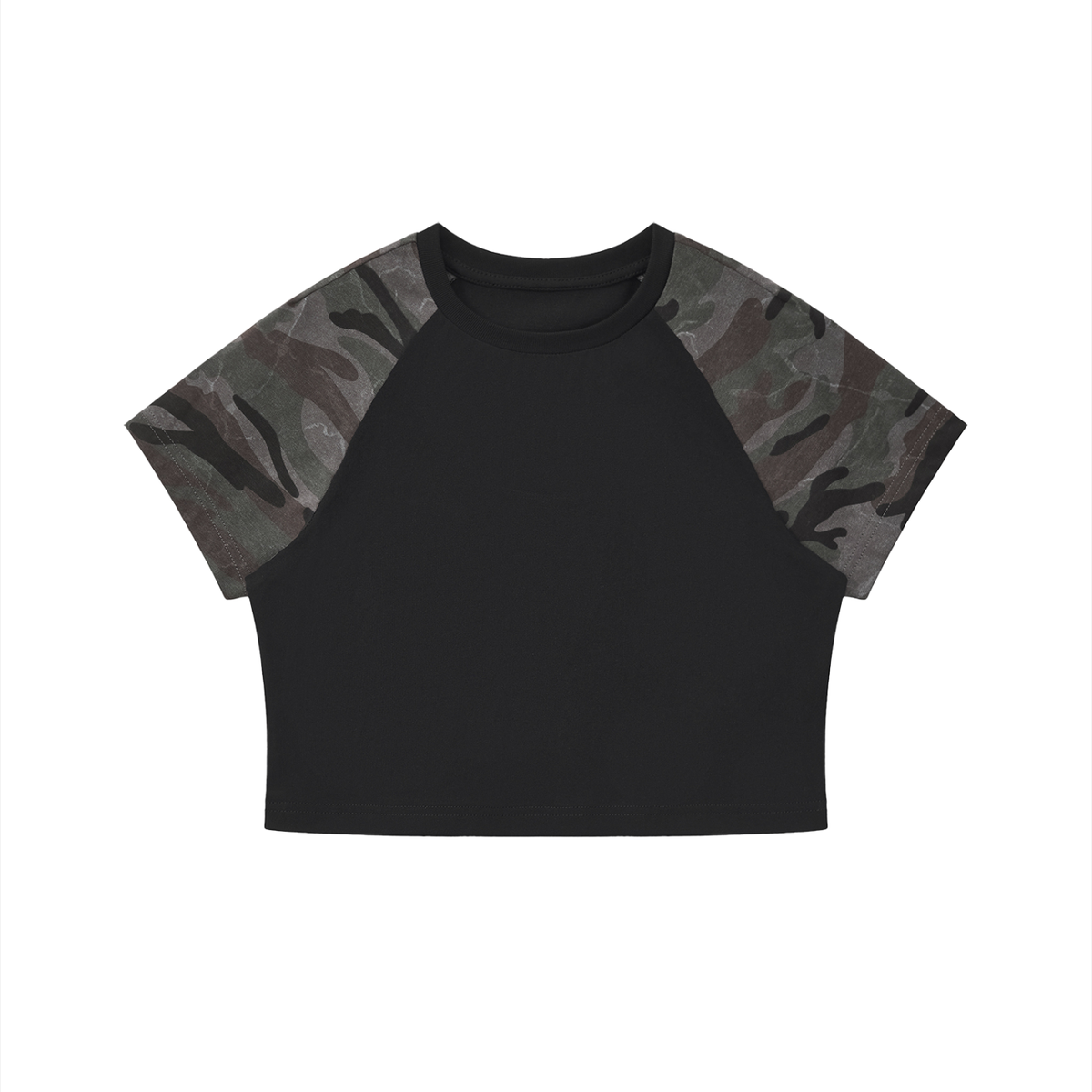 Women’s camo raglan crop t-shirt with cotton body and camouflage sleeves in casual streetwear style