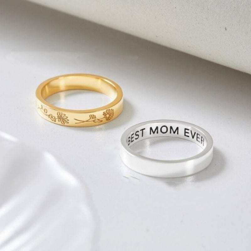 Personalized Birthday Flower Ring set in 925 silver with engraved flowers and customizable inner text designs in gold and silver tones