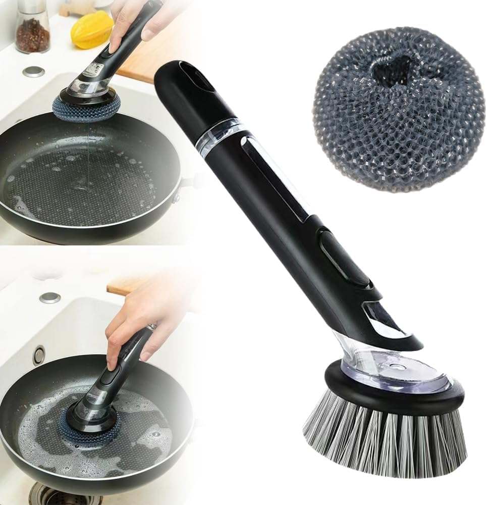 Long-handle kitchen dish scrub brush with ergonomic grip and durable bristles for easy cleaning.