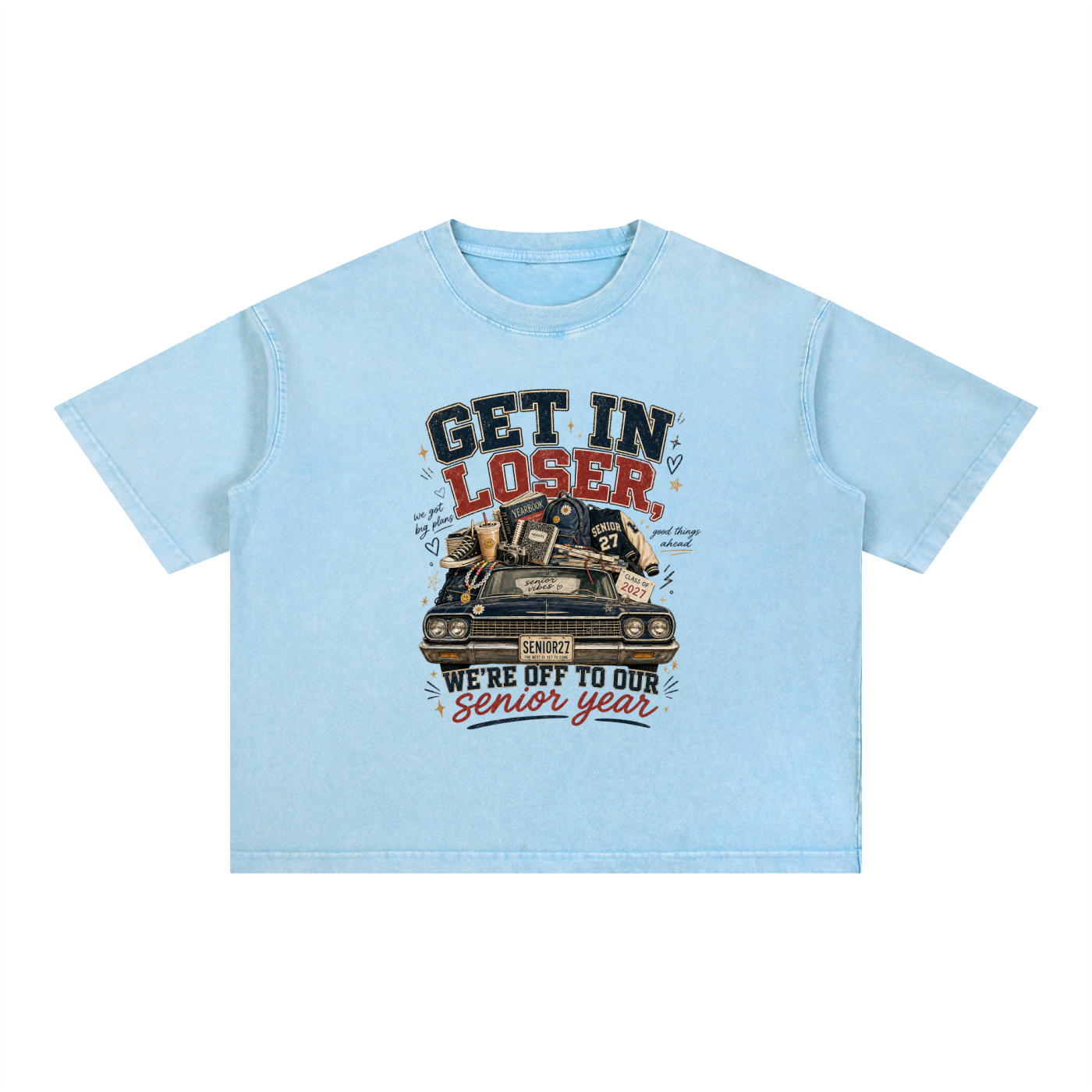 Senior Year 2027 oversized boxy mineral wash cotton t-shirt with retro graphic design