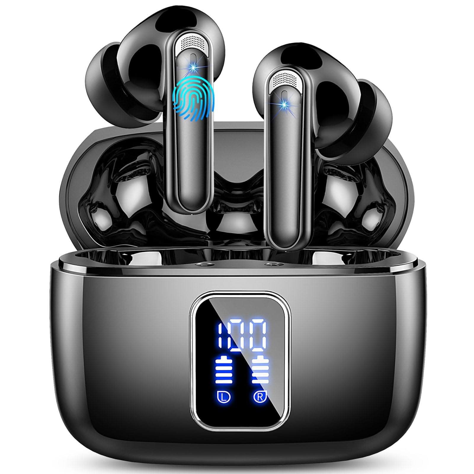 IP7 Waterproof Wireless Earbuds with Bluetooth 5.3, LED display, and ergonomic design in charging case