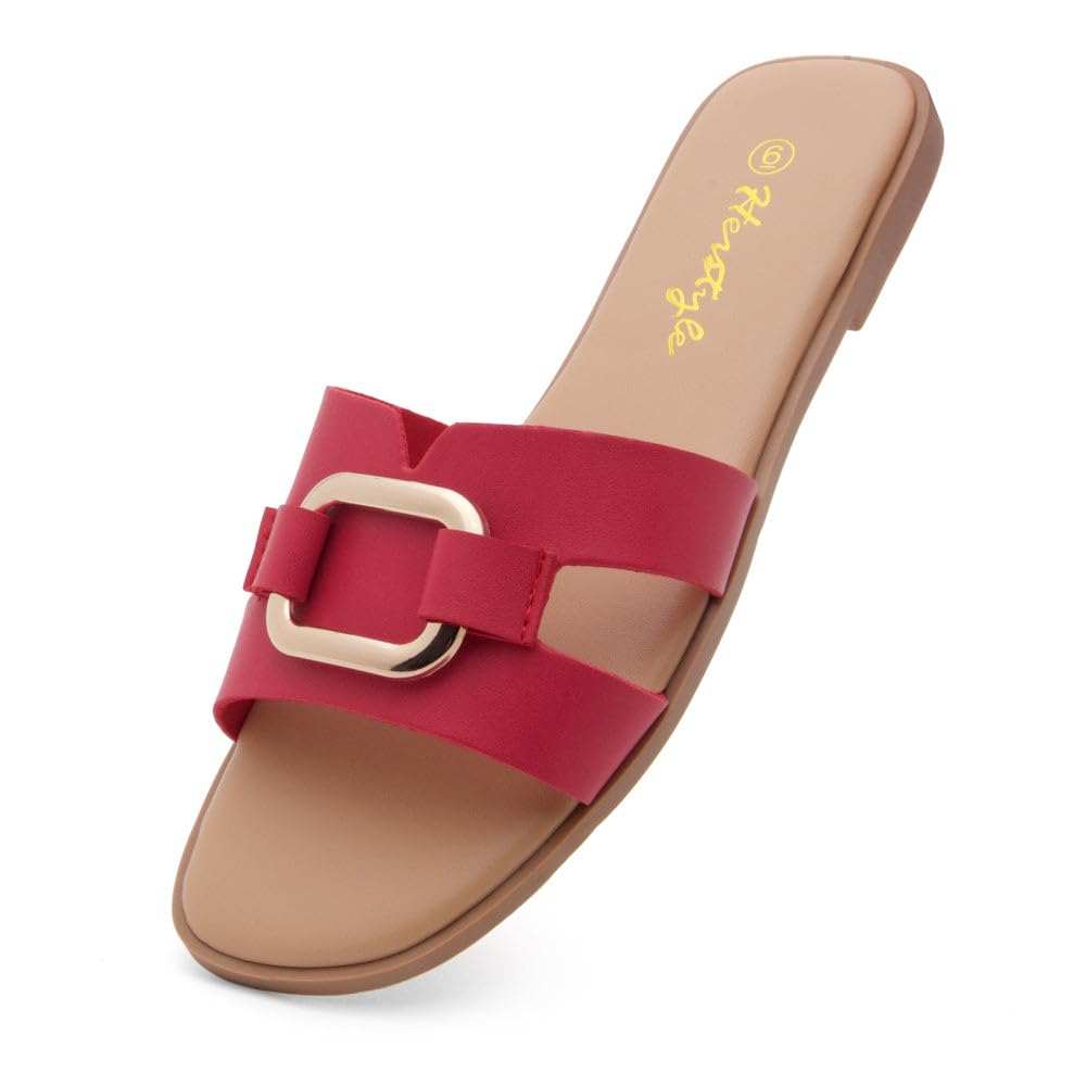 Women GENA Chic Flat Slides with gold metal chain and memory foam insole for comfortable summer wear
