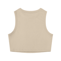 Woman wearing tight crewneck crop tank top in solid color with ribbed sleeveless design
