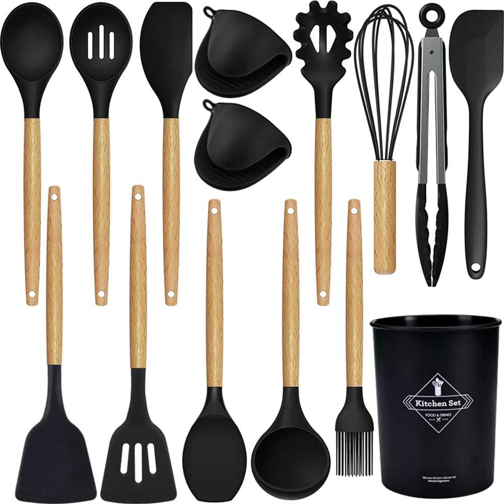 Silicone 15-piece kitchen tools set with wooden handles and storage bucket