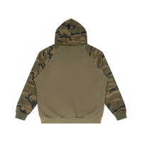 A hooded sweatshirt shown from the back, featuring a solid olive green back panel and camouflage-patterned sleeves and hood in shades of green, brown, and black.