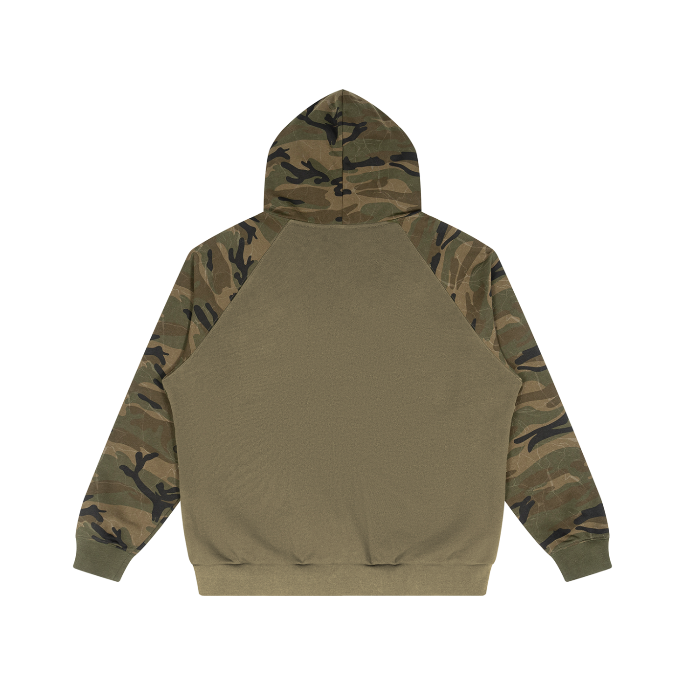 A hooded sweatshirt shown from the back, featuring a solid olive green back panel and camouflage-patterned sleeves and hood in shades of green, brown, and black.