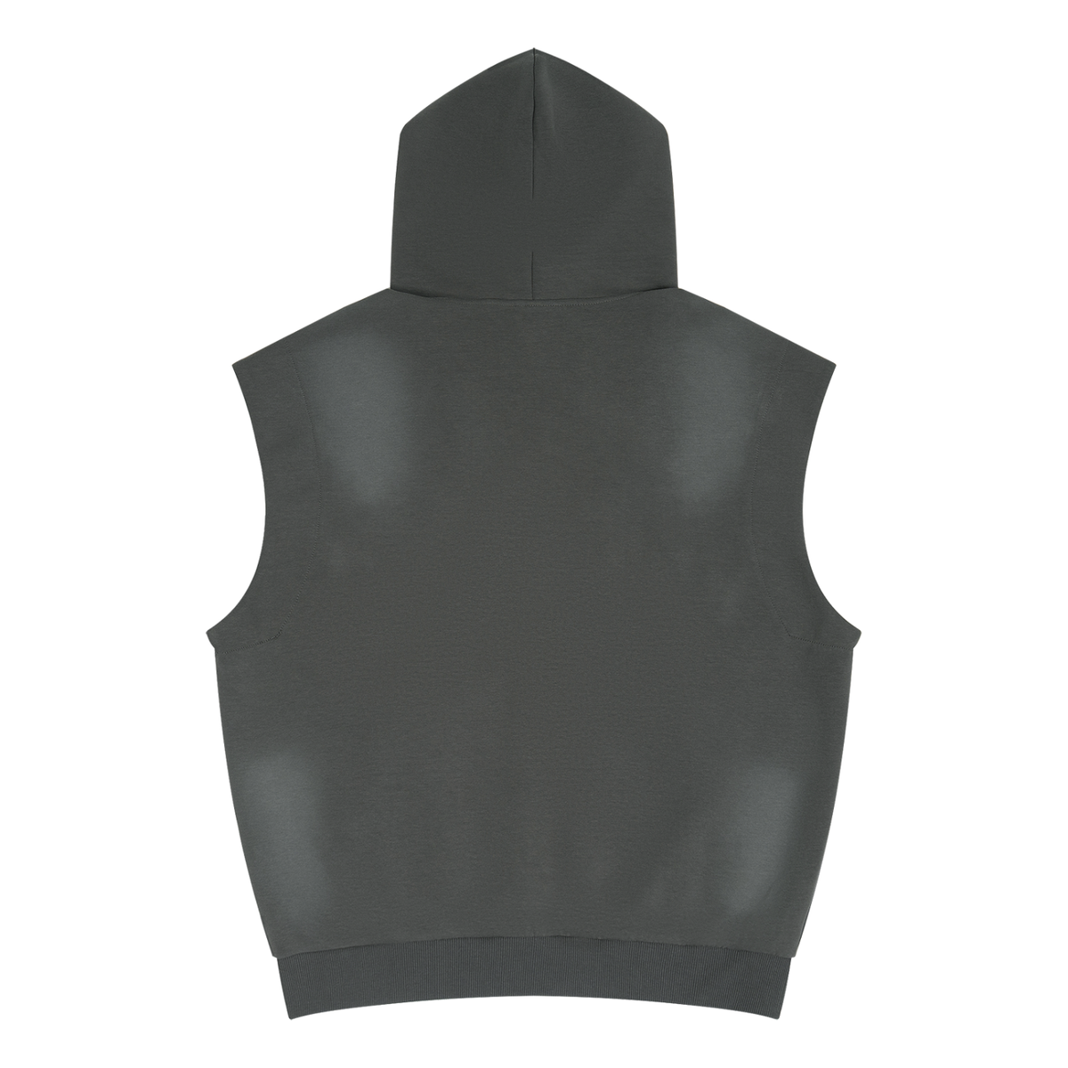 Unisex sleeveless hoodie with vintage wash sun fade and oversized metal eyelets in charcoal color