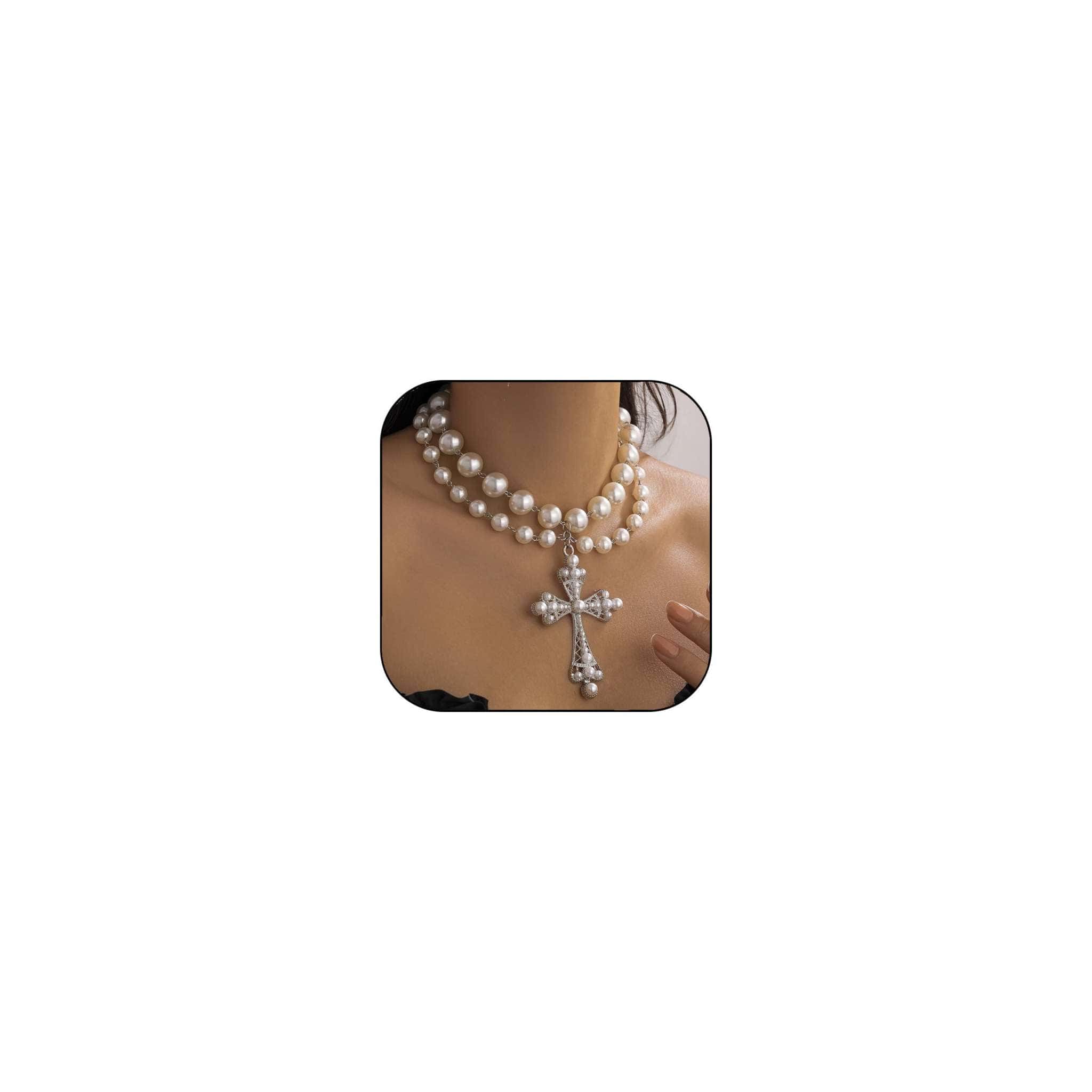 Gothic Pearl Cross Pendant Necklace with delicate pearls and intricate vintage gothic design