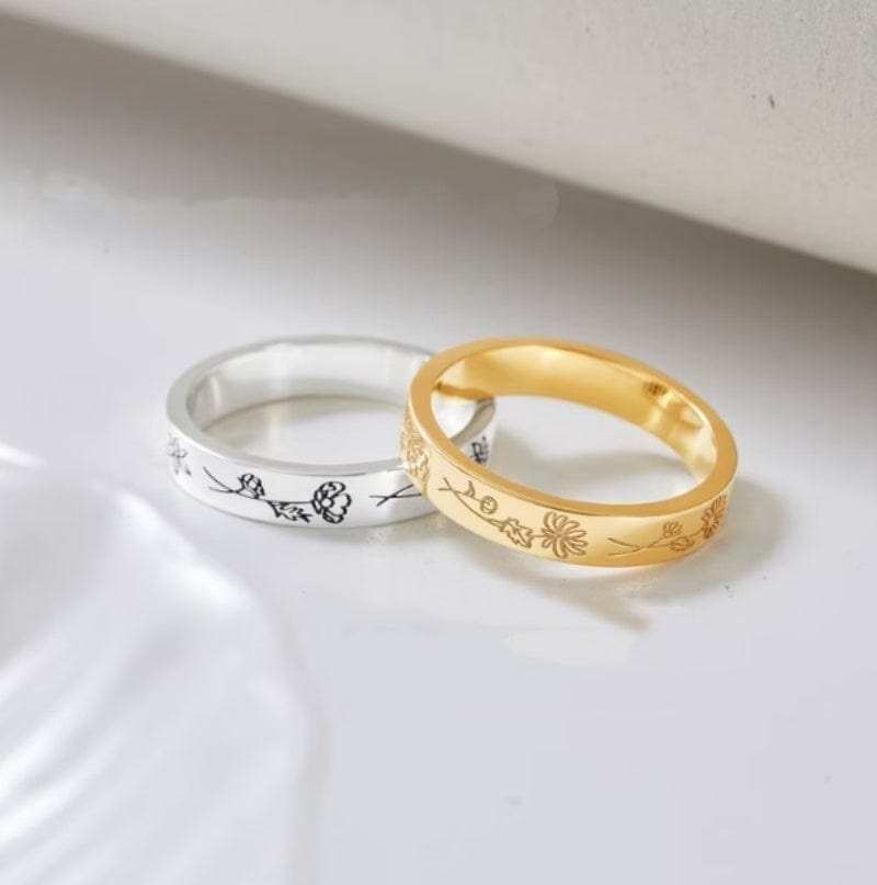Gold personalized flower ring in 925 silver by TeninoVentures, available in sizes 10, 10.5, and 11