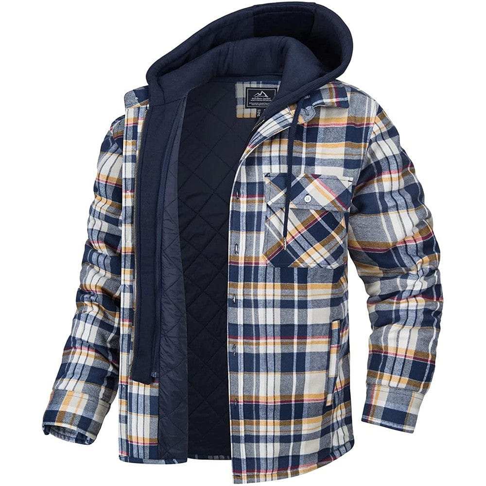 Men's plaid hooded coat with cotton lining and zip-up front for winter warmth