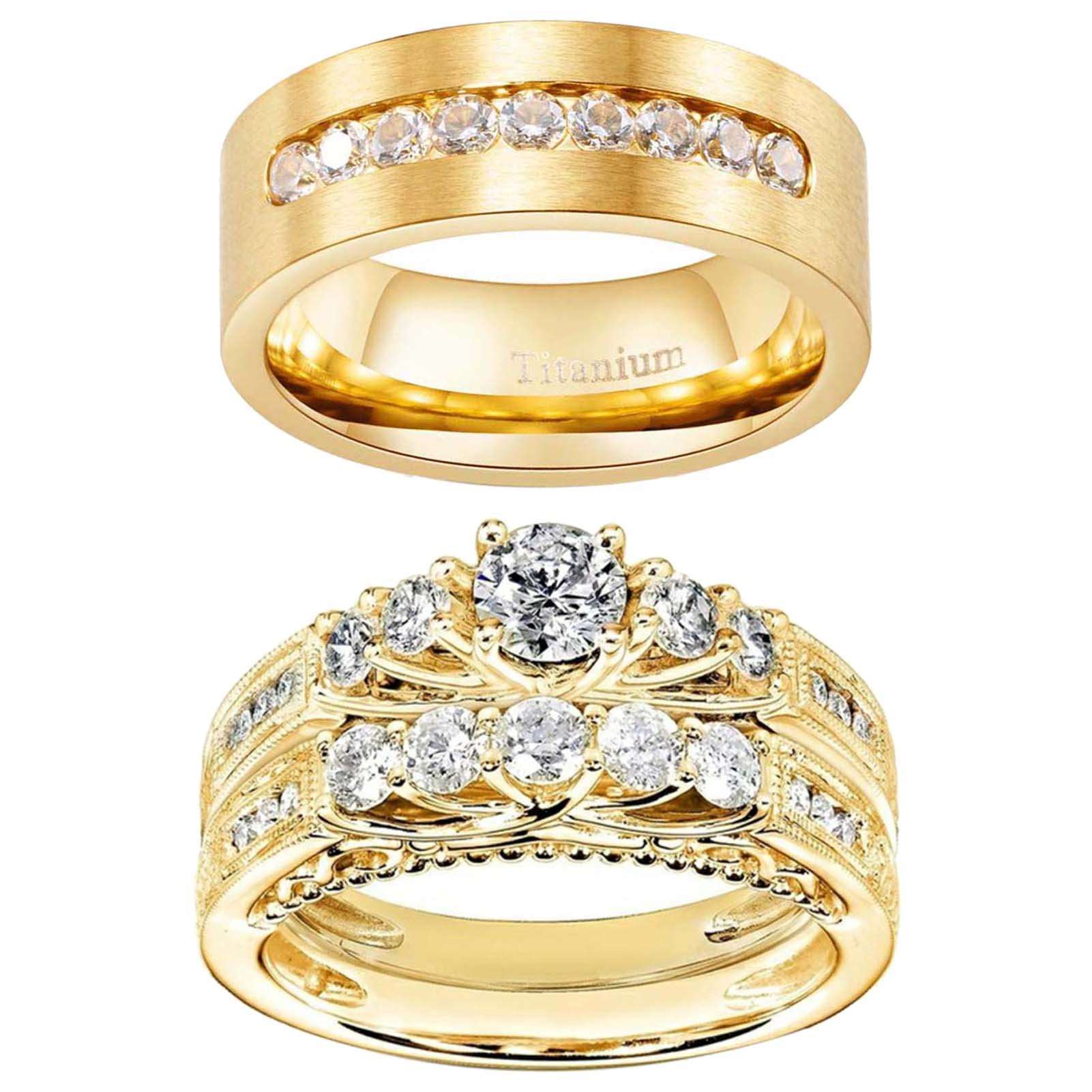 Perfect Match Gold Plated Wedding Rings set with white gold plated women's ring and titanium steel men's band