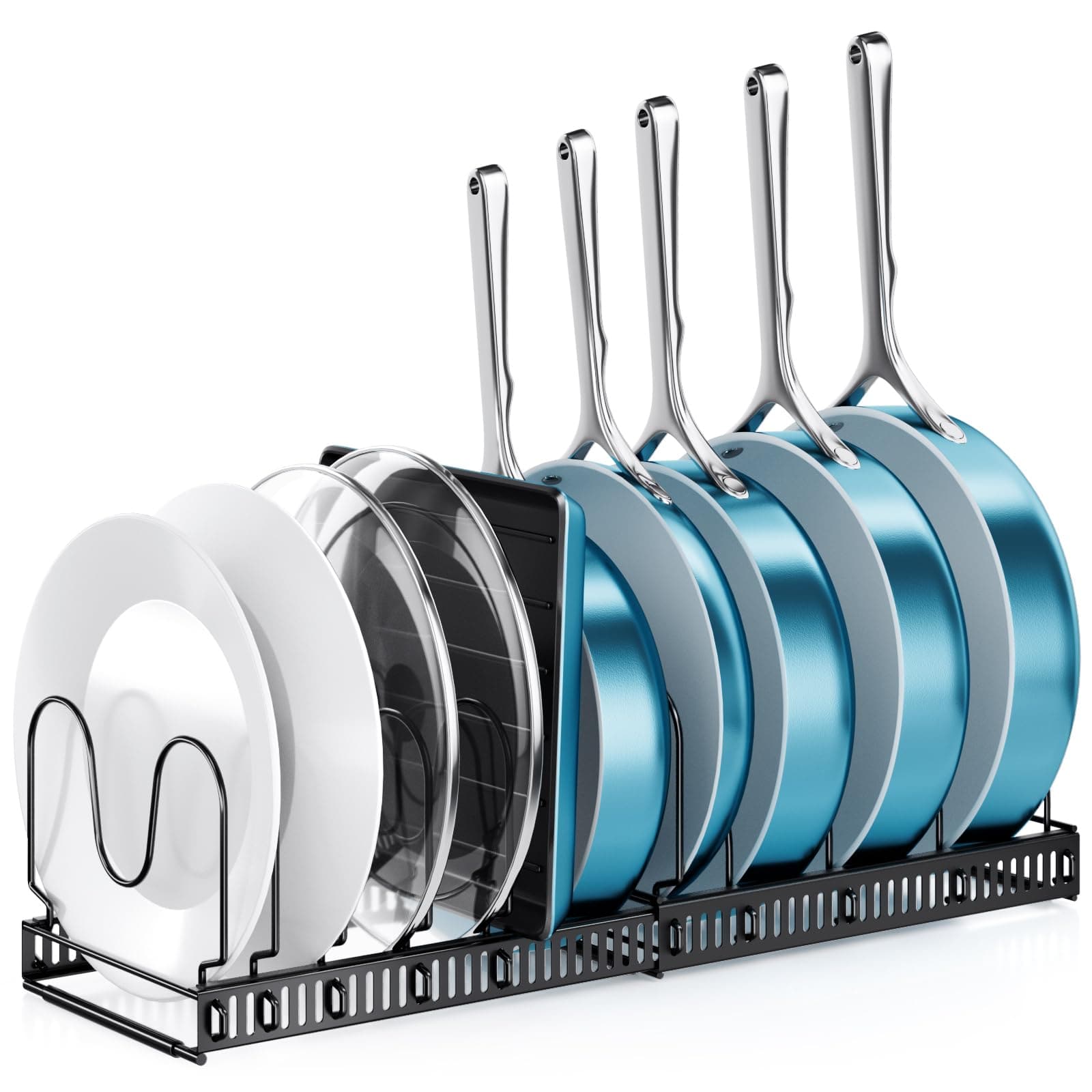 Adjustable kitchen rack with expandable design for pots, pans, and lids organization in cabinets and drawers.