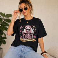 Bride Skull Illustration Tee with skeleton bride, roses, and banner saying "Good brides say bad words" on white cotton shirt