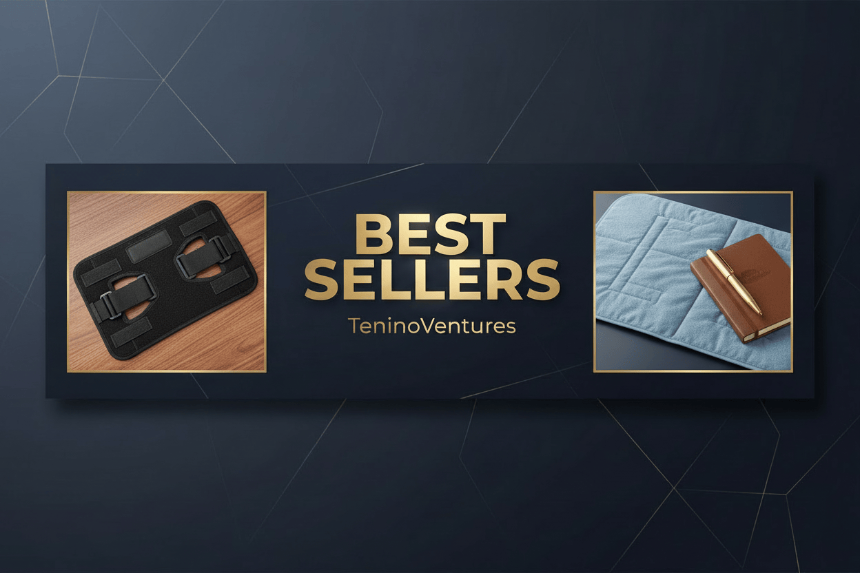 Advertisement for TeninoVentures best sellers featuring earbuds and a watch on a dark background.