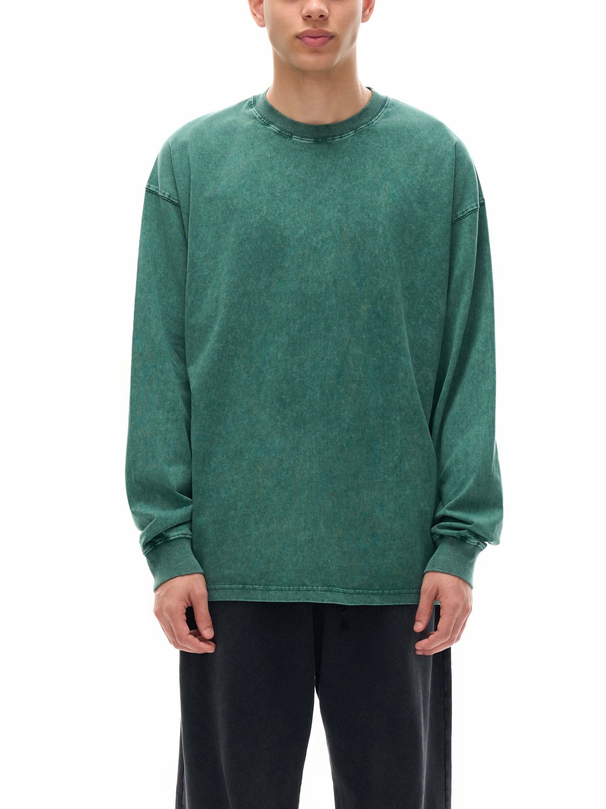 Unisex oversized acid wash long sleeve cotton t-shirt with round neck and drop shoulder design