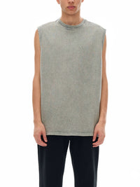 Unisex snow washed frayed hem tank top in soft 100% cotton with loose fit and raw-edge detail