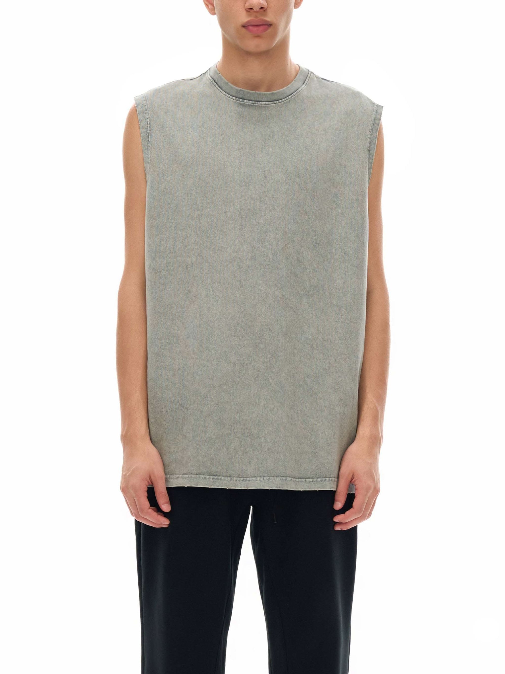 Unisex snow washed frayed hem tank top in soft 100% cotton with loose fit and raw-edge detail