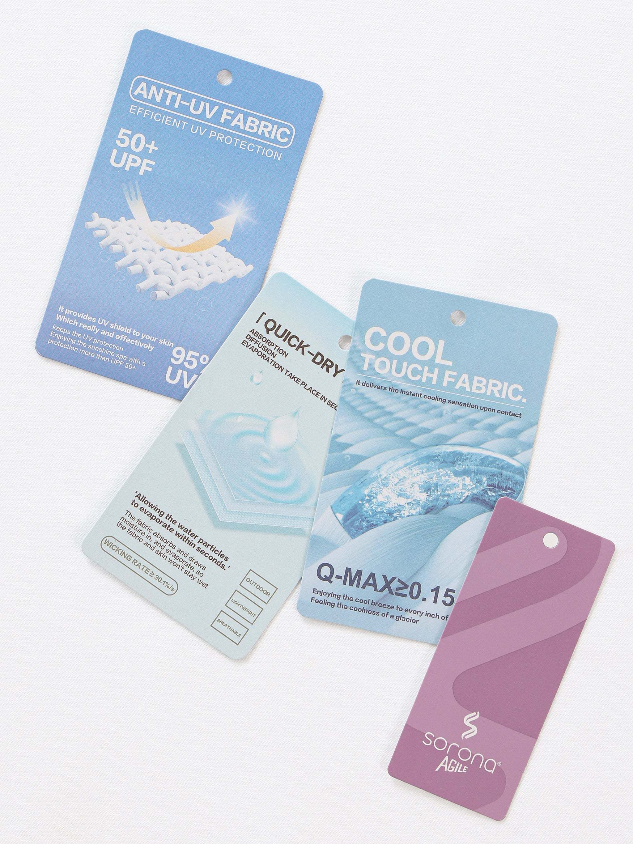 Essential Sorona Boxy T-Shirt fabric tags showing UV protection, quick-dry, cool touch, and Sorona Agile features