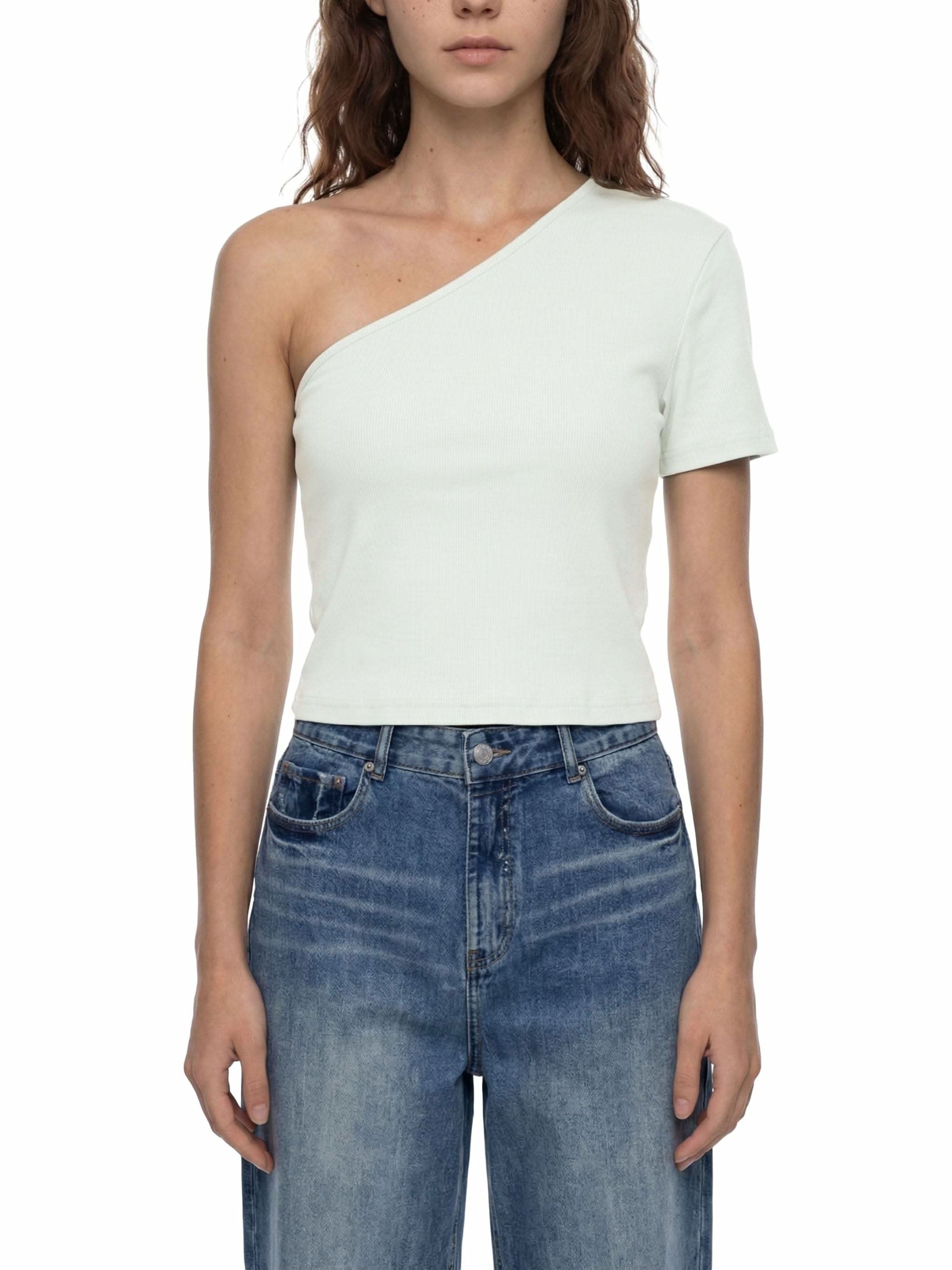 Women's one-shoulder crop t-shirt in cotton blend fabric with short sleeve and asymmetrical design