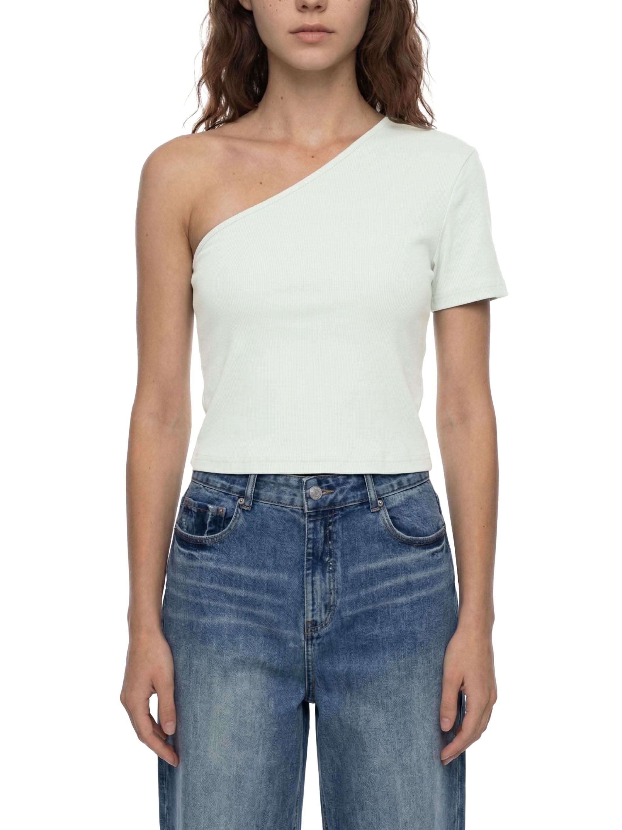 Women's one-shoulder crop t-shirt in cotton blend fabric with short sleeve and asymmetrical design