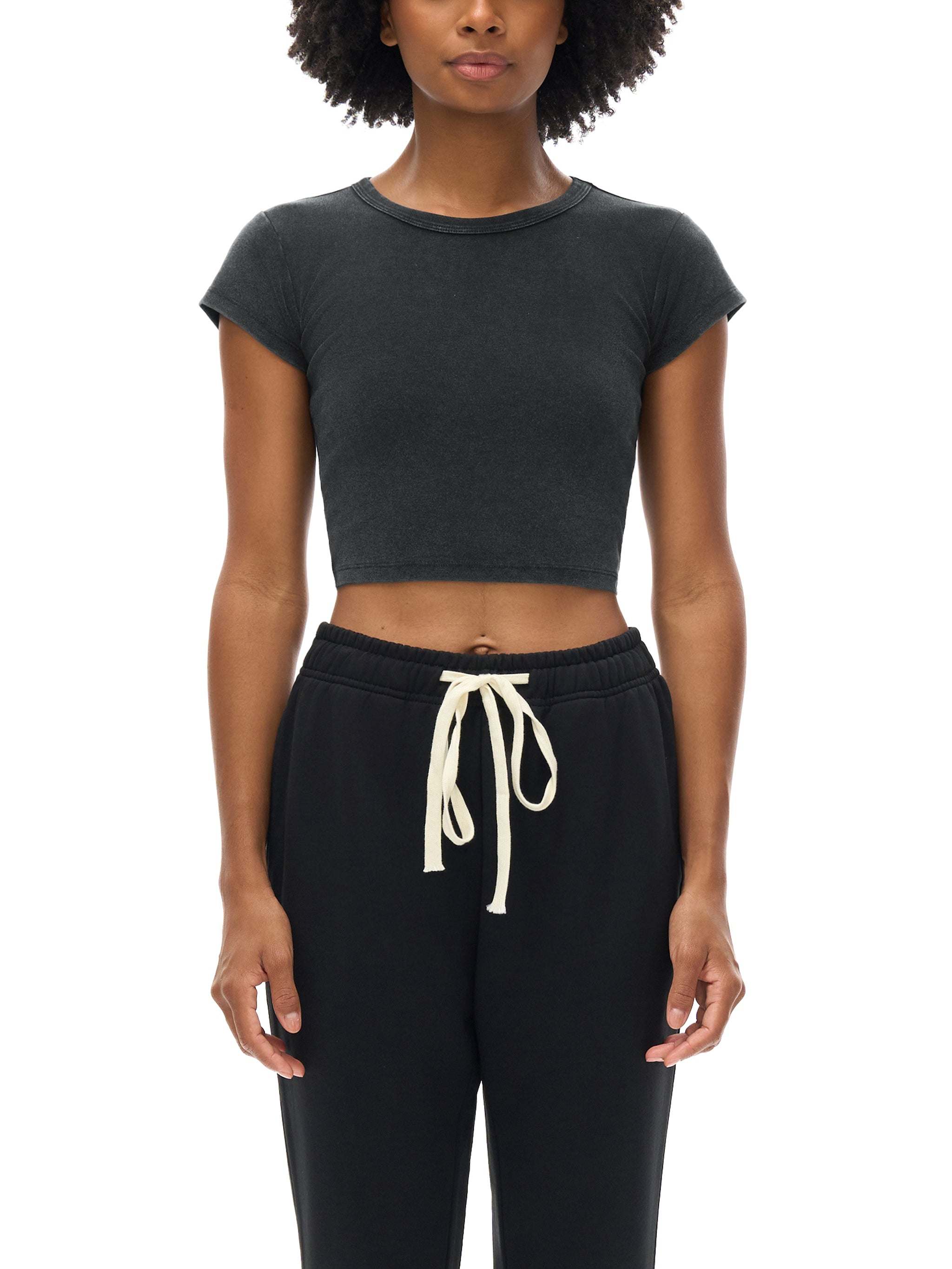 Women’s Snow Washed Crop Top, thin cotton blend, casual street style, short sleeve, round neck