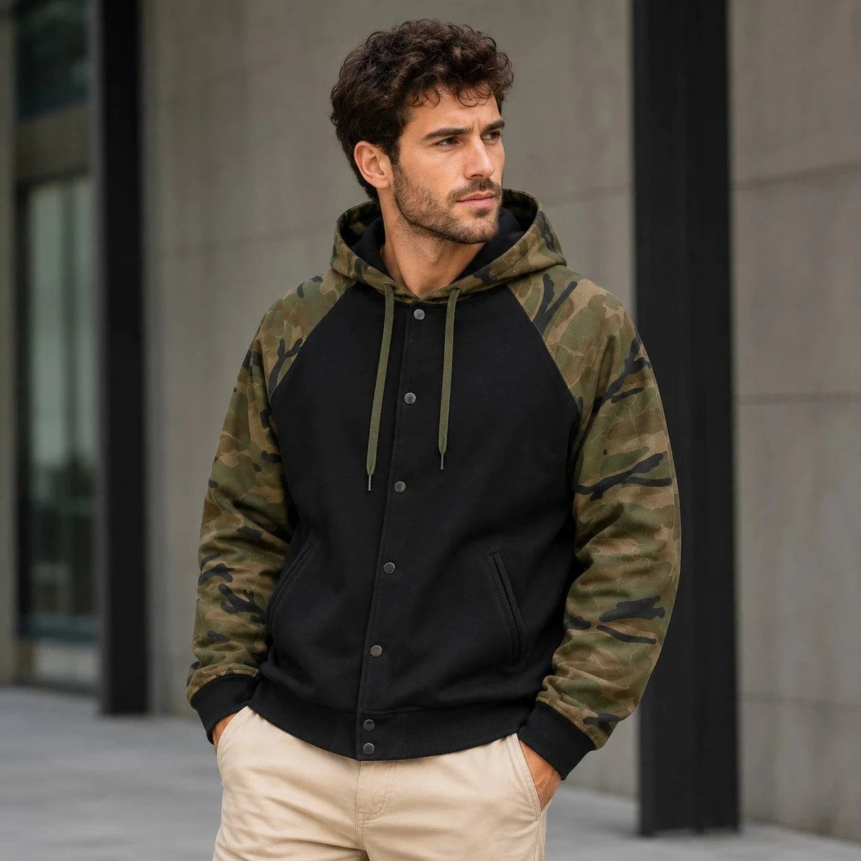 A man wearing a hybrid raglan hoodie with a solid black body and green-brown camouflage sleeves, paired with beige pants, standing in front of a modern concrete building.