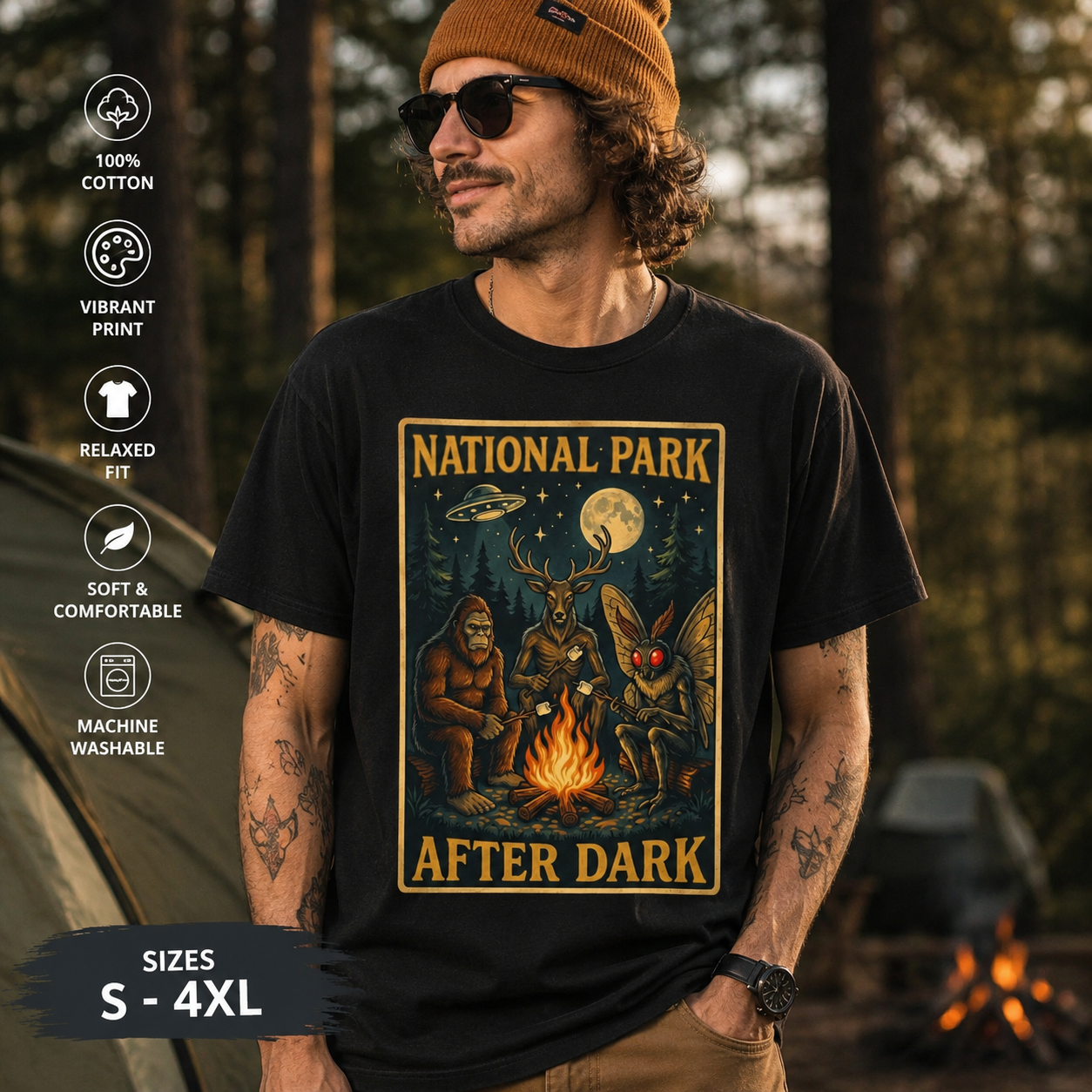 National Park After Dark t-shirt showing campfire, moonlit trees, Sasquatch, and Mothman creatures in vintage style
