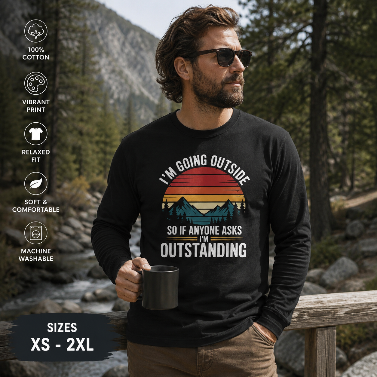 Long sleeve hiking t-shirt with vintage sunset mountains and humorous outdoor phrase design