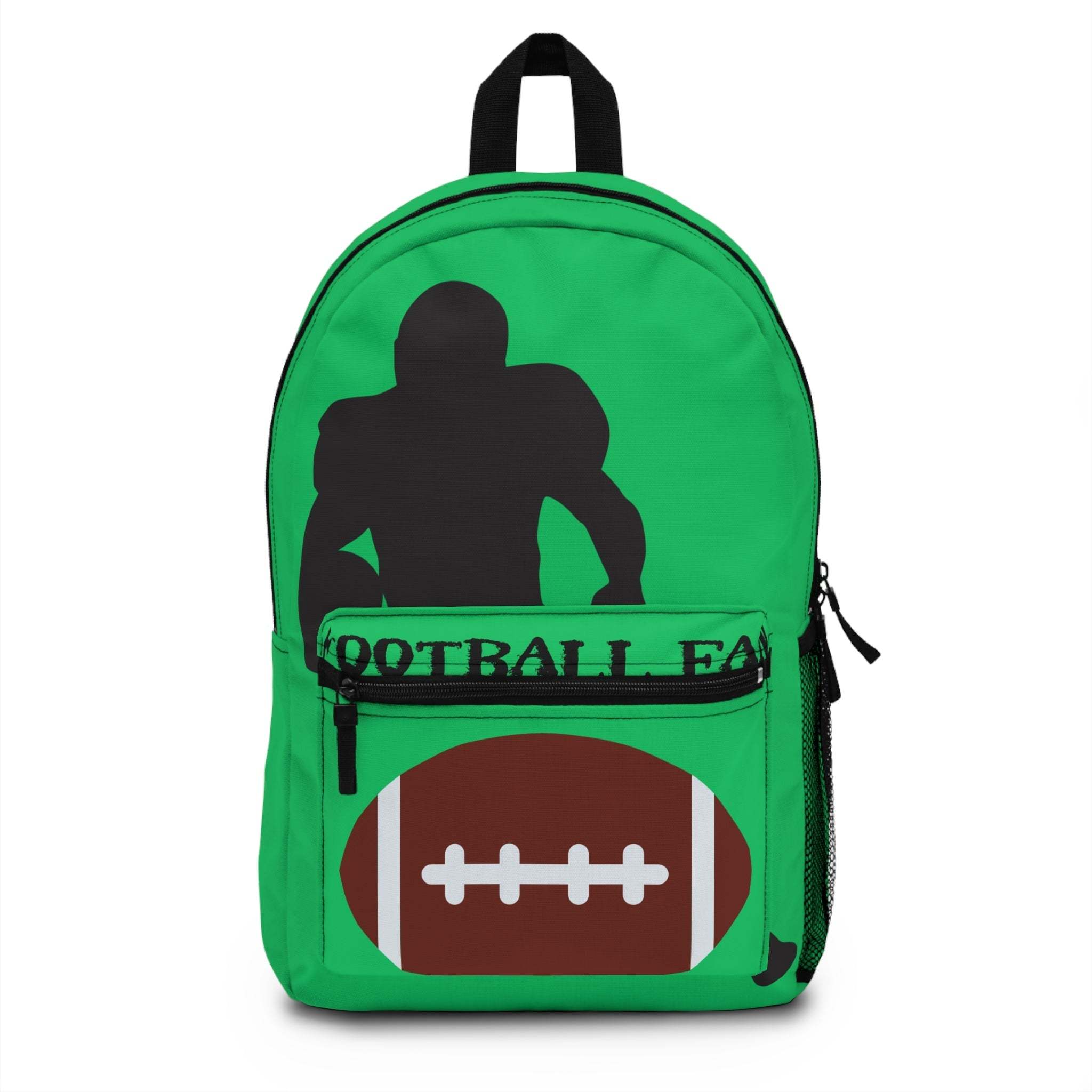 Green kids backpack with football player design and four compartments for sports gear storage