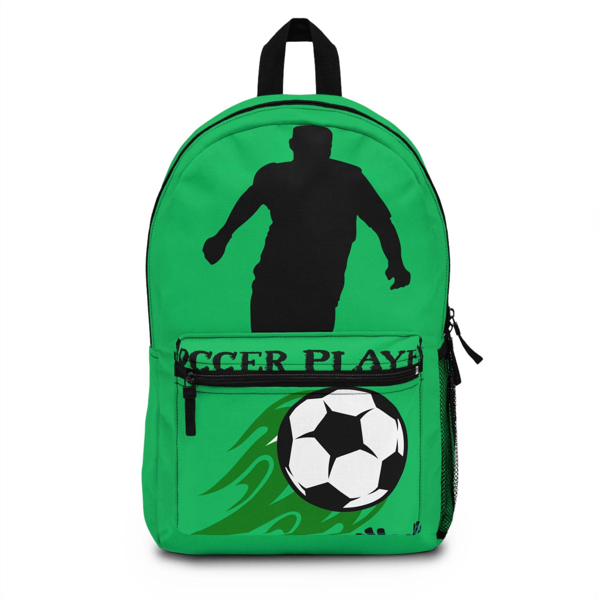 Green soccer player backpack with silhouette design and soccer ball graphic, durable polyester material, padded straps, and multiple compartments
