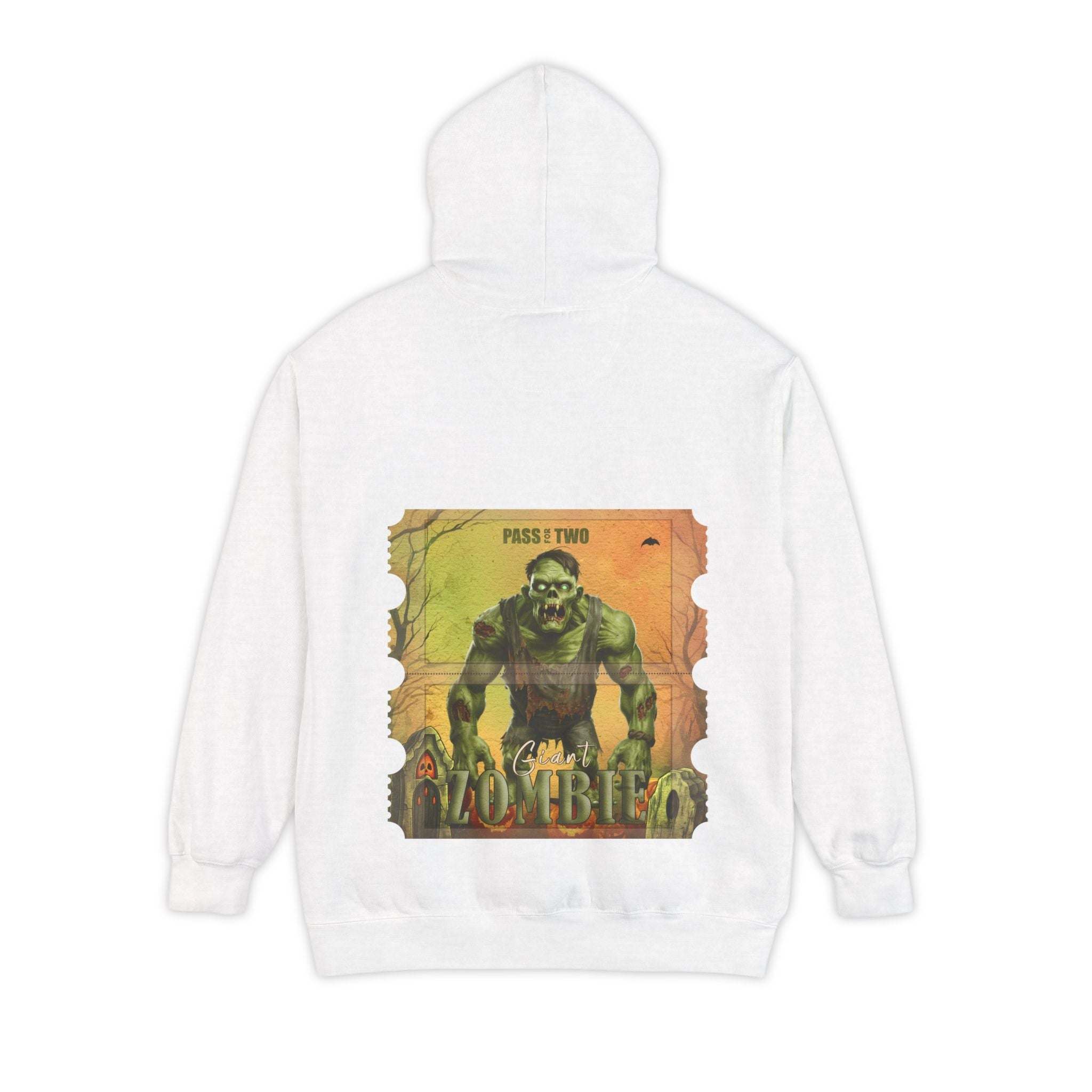 White hoodie with vintage Halloween giant zombie movie ticket graphic on the back
