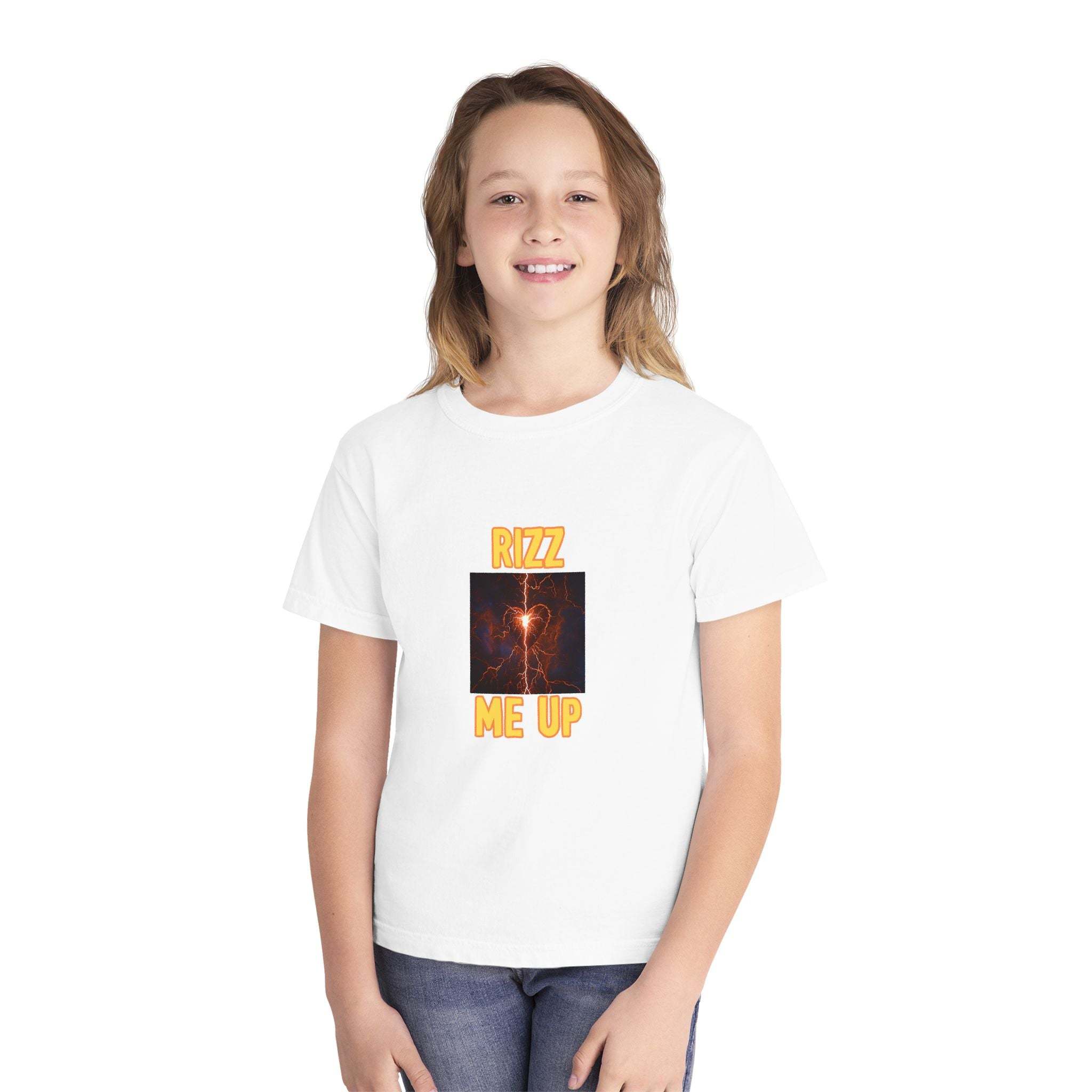 Youth wearing Rizz Me Up T-Shirt midweight tee in casual outdoor setting