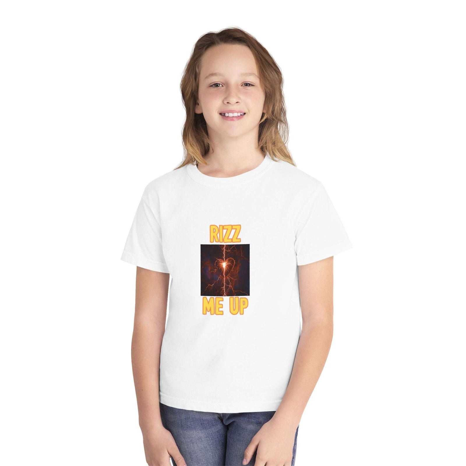 Youth wearing Rizz Me Up T-Shirt midweight tee in casual outdoor setting