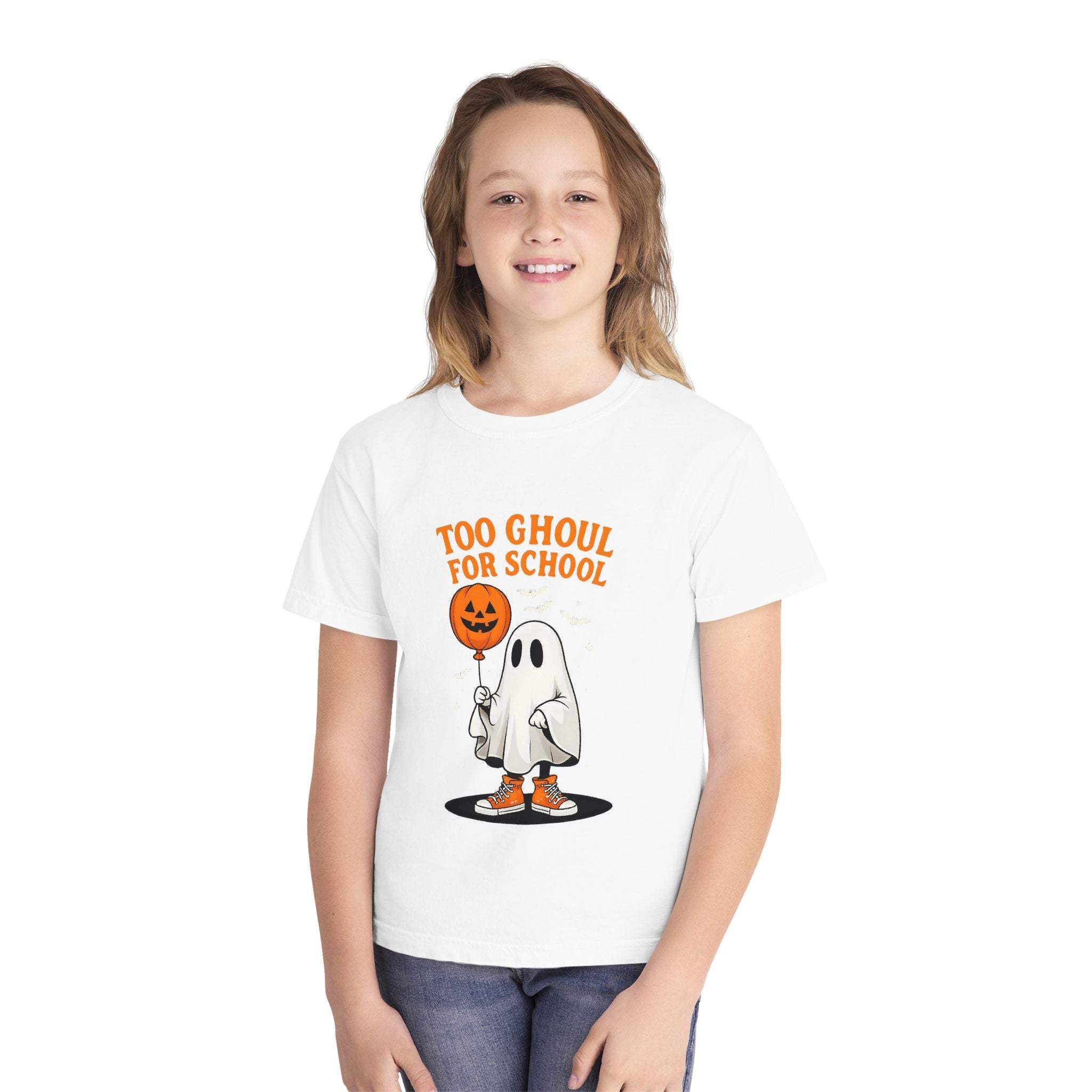 Youth Tee with "Too Ghoul for School" Halloween ghost design on white cotton shirt