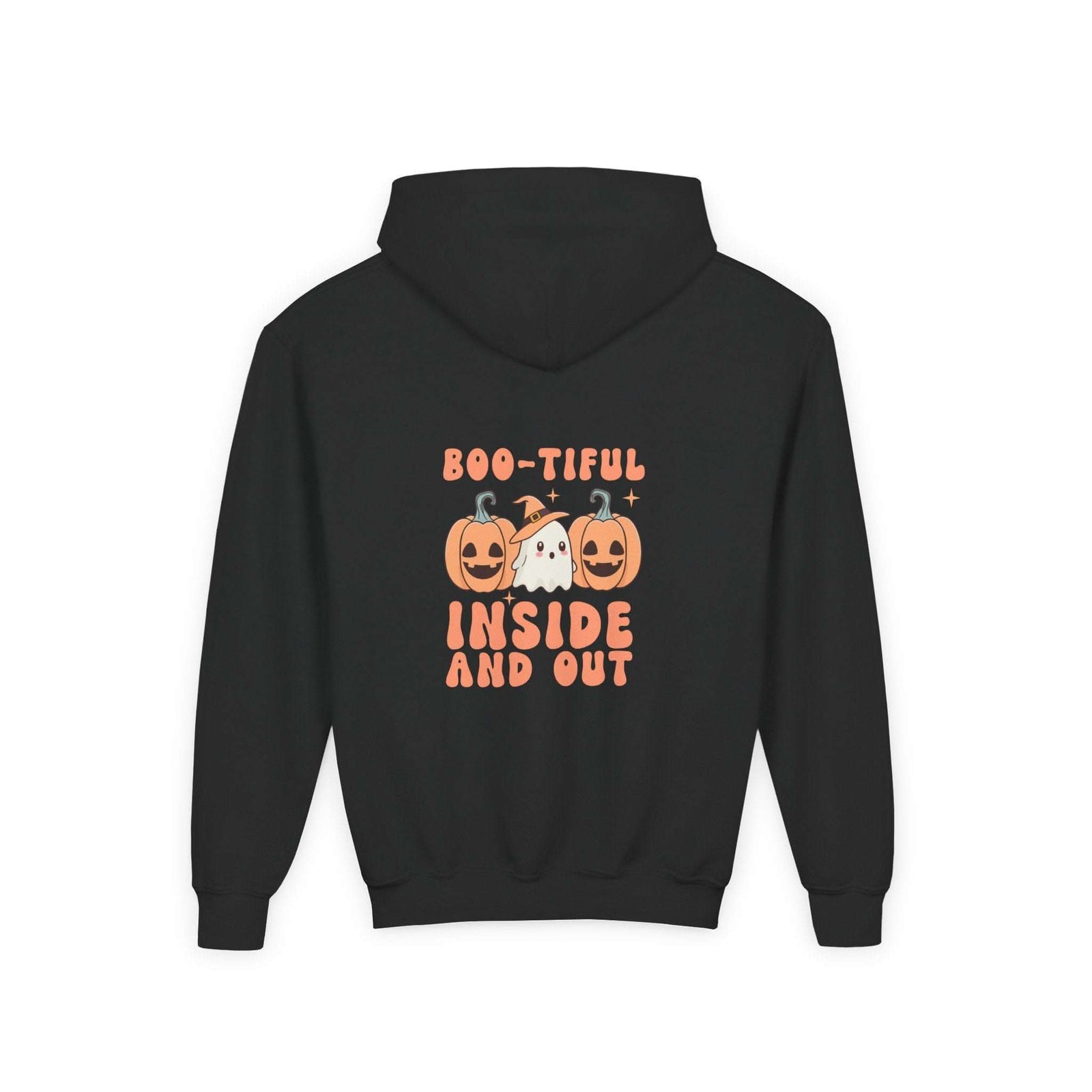 Hooded sweatshirt with Boo-tiful Inside and Out Halloween design, comfortable and festive apparel
