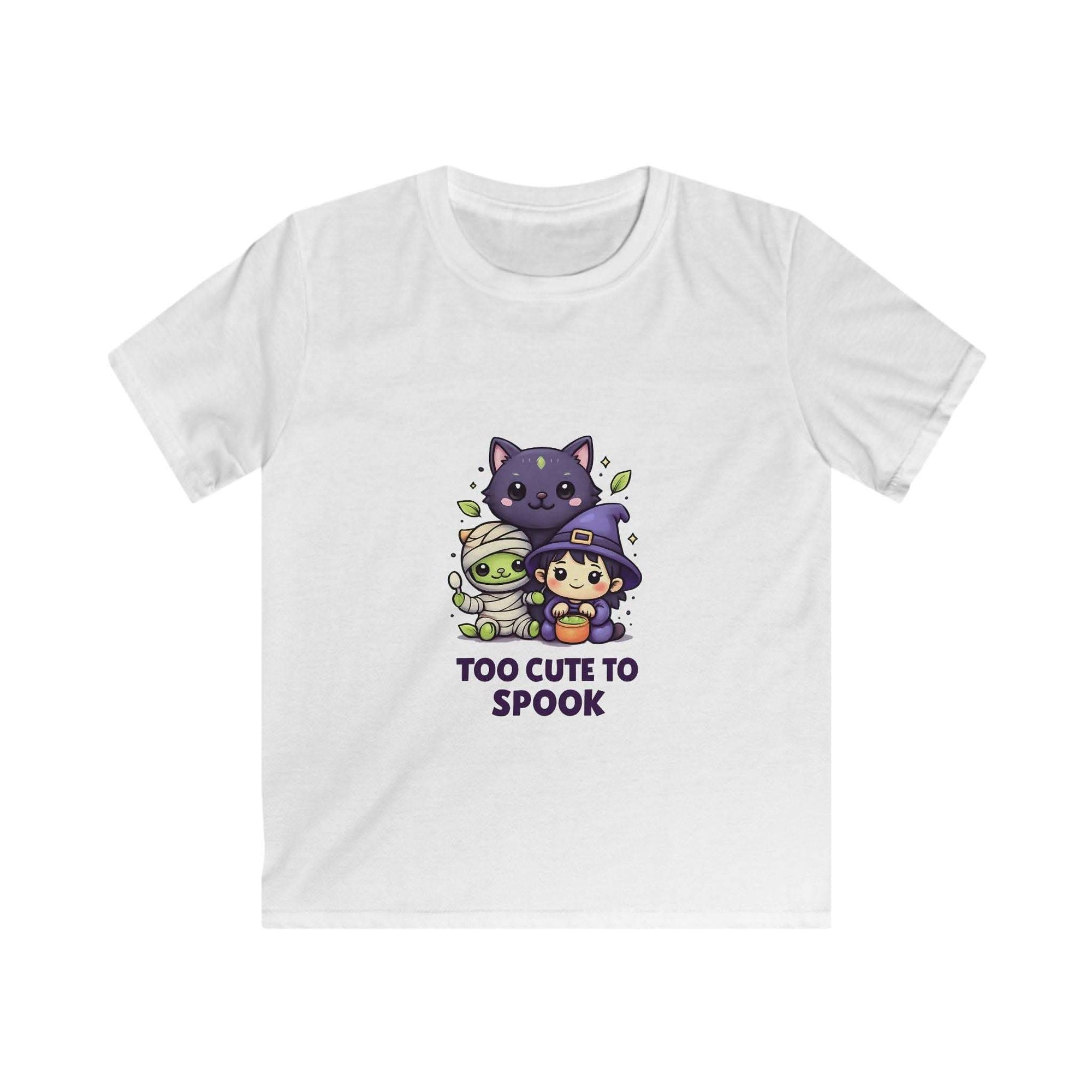 Kids Tee with "Too Cute to Spook" Halloween design for children