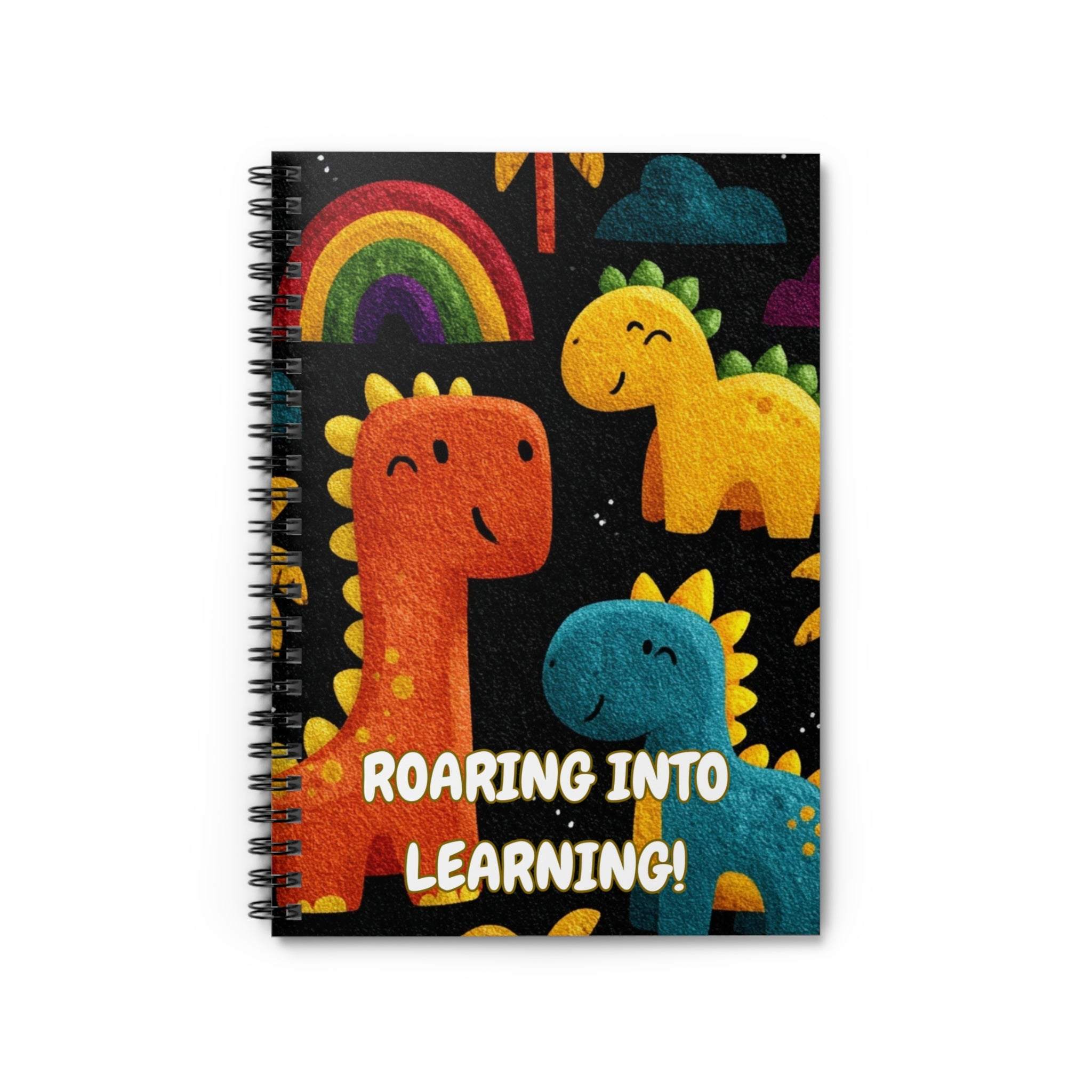 Colorful dinosaur-themed spiral notebook with "Roaring Into Learning!" text on cover