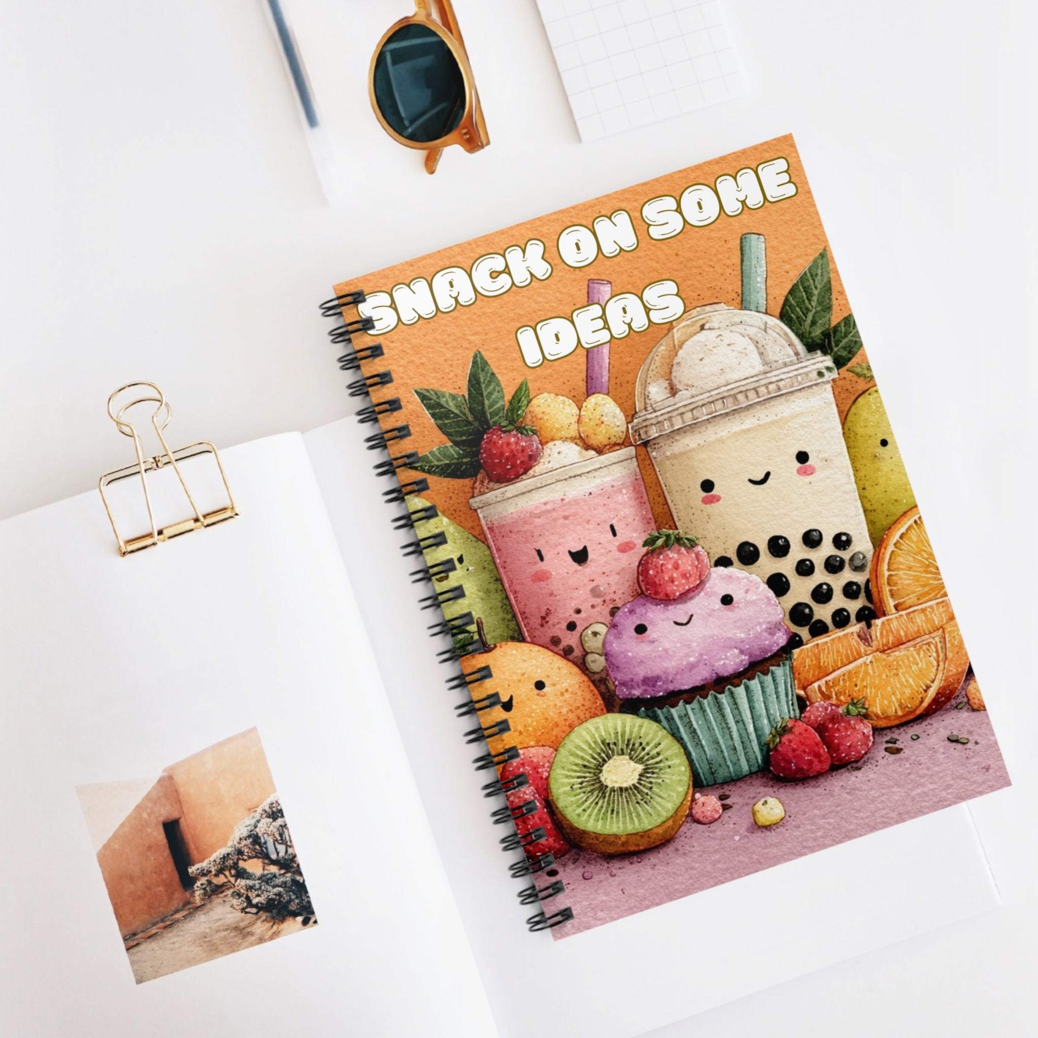 Kawaii spiral notebook with cute snack design and "Snack on Some Ideas" text, spiral binding, and colorful cover for back-to-school and note-taking