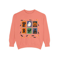 Retro Halloween sweatshirt with ghost, pumpkin, black cat, witch, bat, and haunted house stamp designs in a relaxed fit