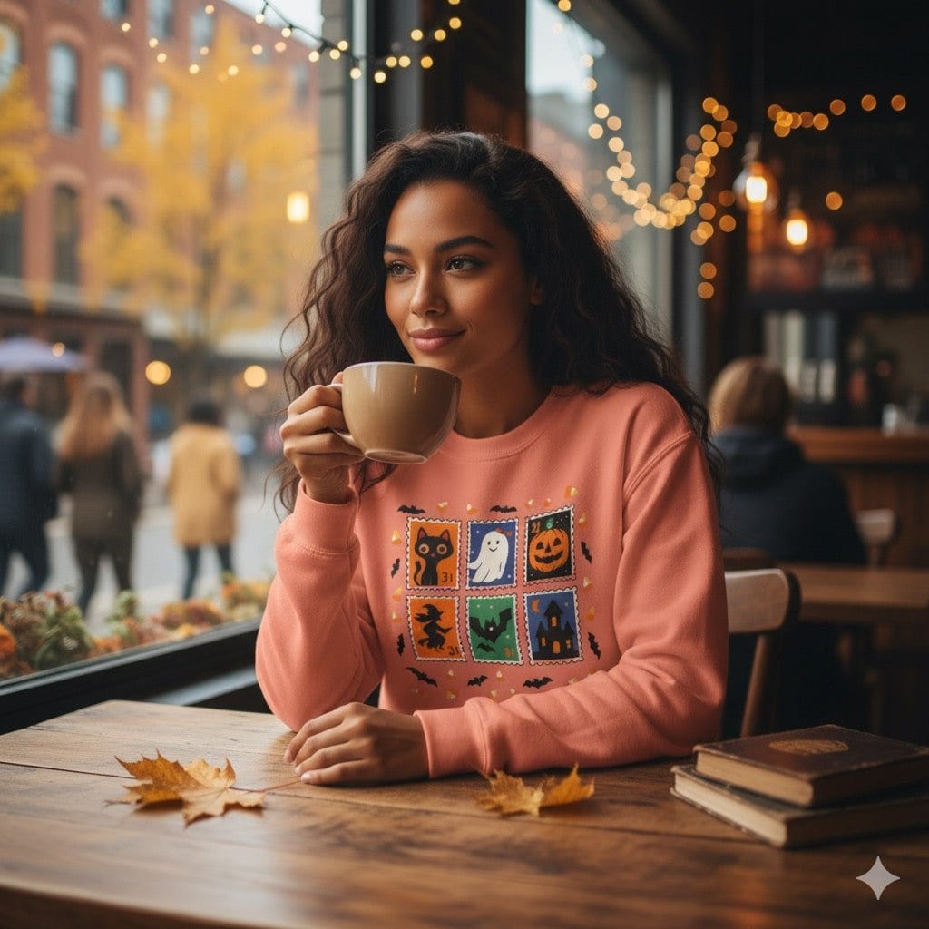 Woman wearing retro Halloween stamp sweatshirt with ghost, pumpkin, and black cat designs, sitting in cozy cafe holding coffee cup