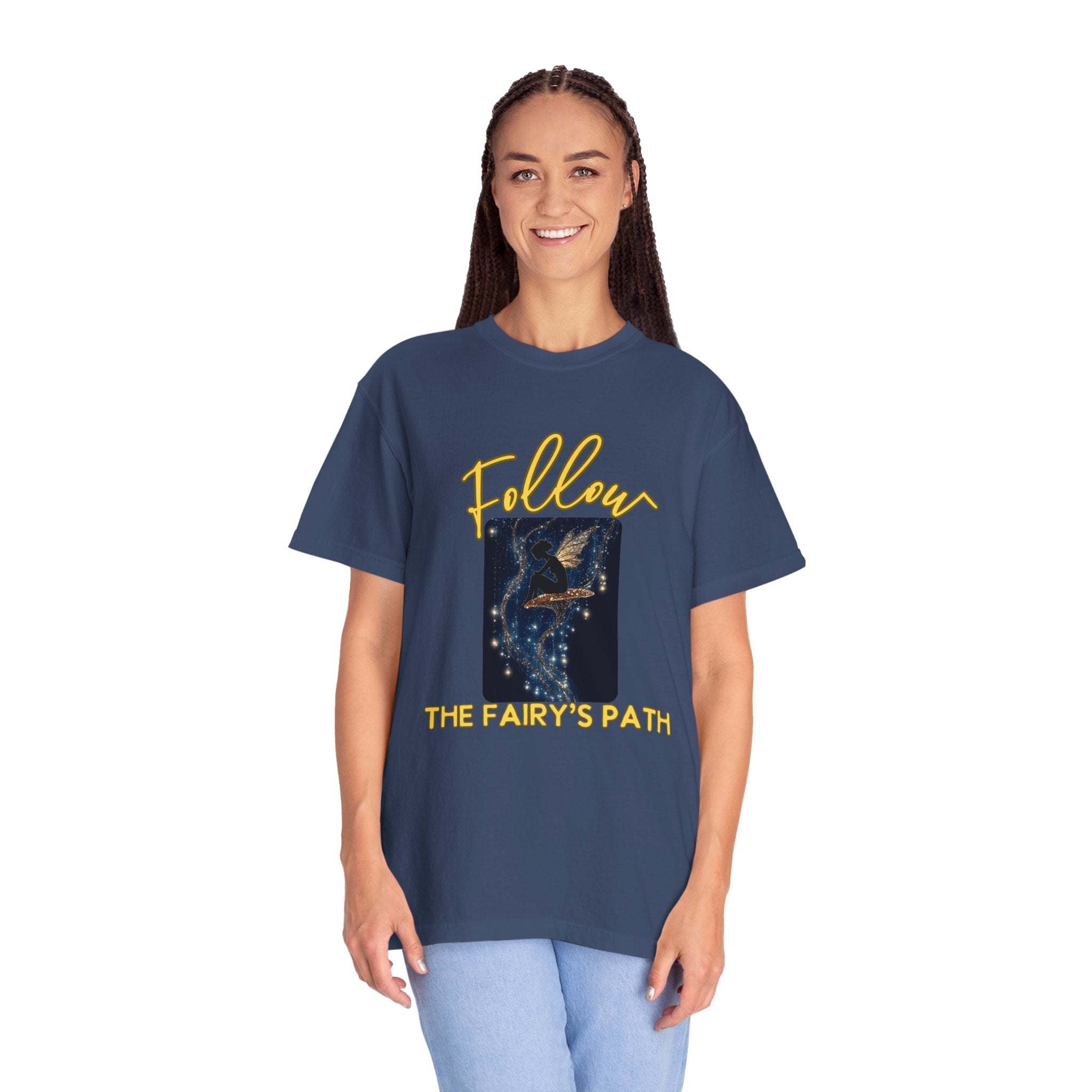 Garment-Dyed T-shirt with cottagecore fairy path design, soft breathable cotton, and unique artisanal dyeing