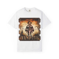 Halloween Lady Vampire T-shirt with vintage vampire movie ticket design on soft ring-spun cotton
