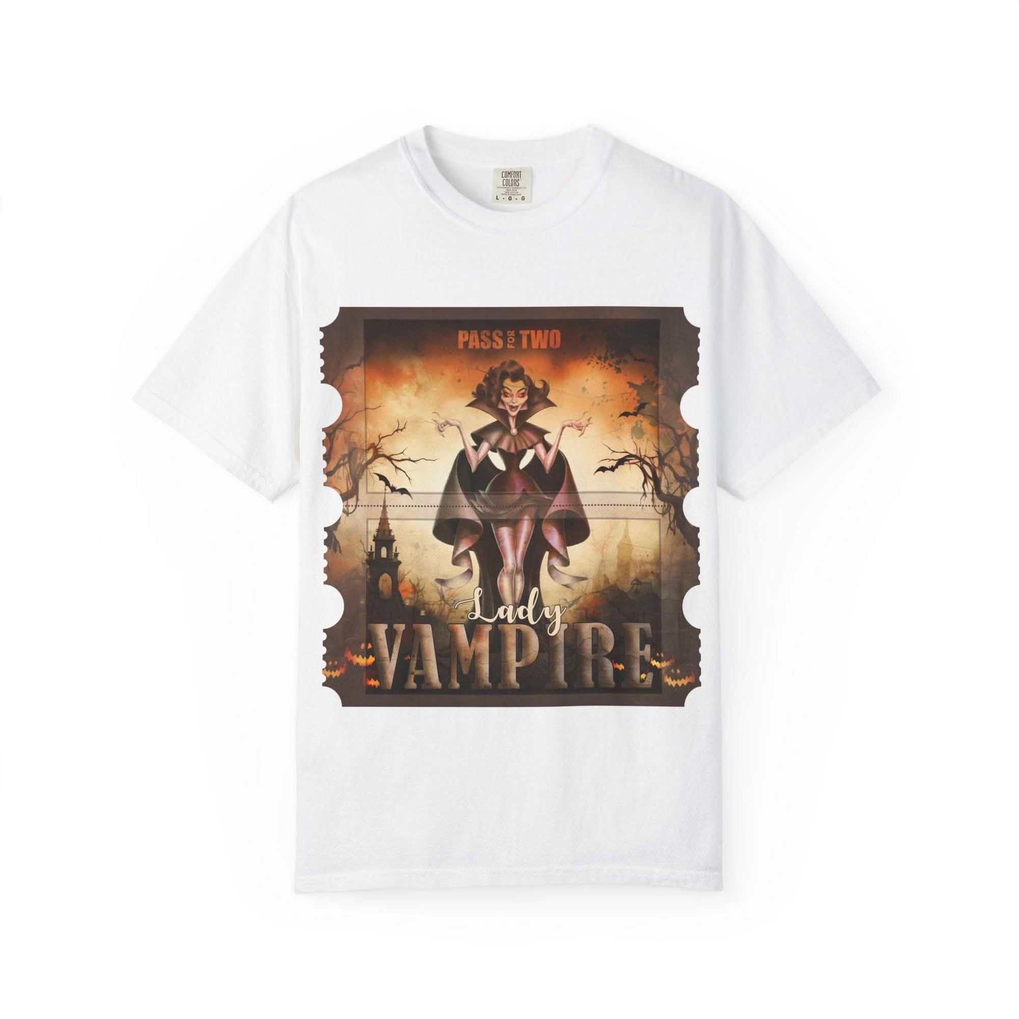 Halloween Lady Vampire T-shirt with vintage vampire movie ticket design on soft ring-spun cotton