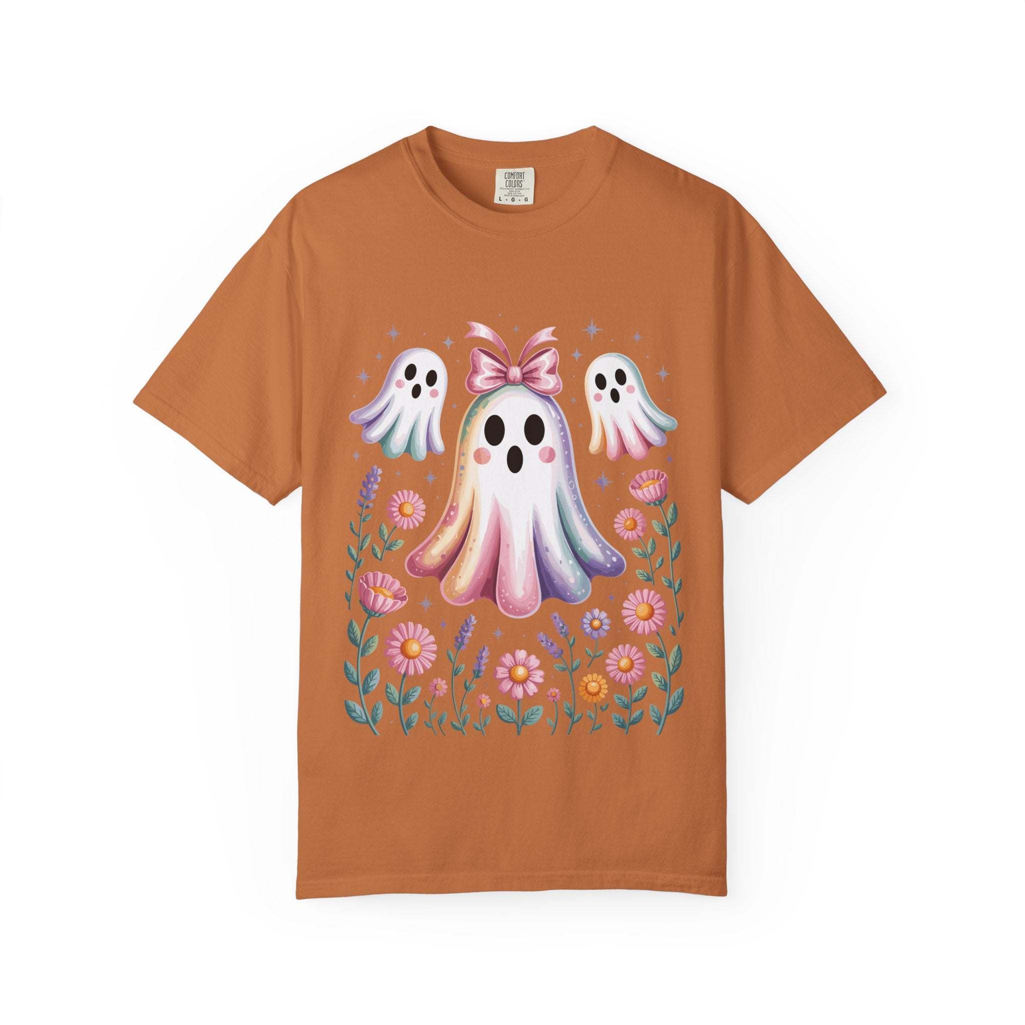 Iridescent floral ghost design on a boho-style Halloween T-shirt made from soft 100% cotton