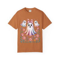 Iridescent floral ghost graphic on Halloween T-shirt with boho style
