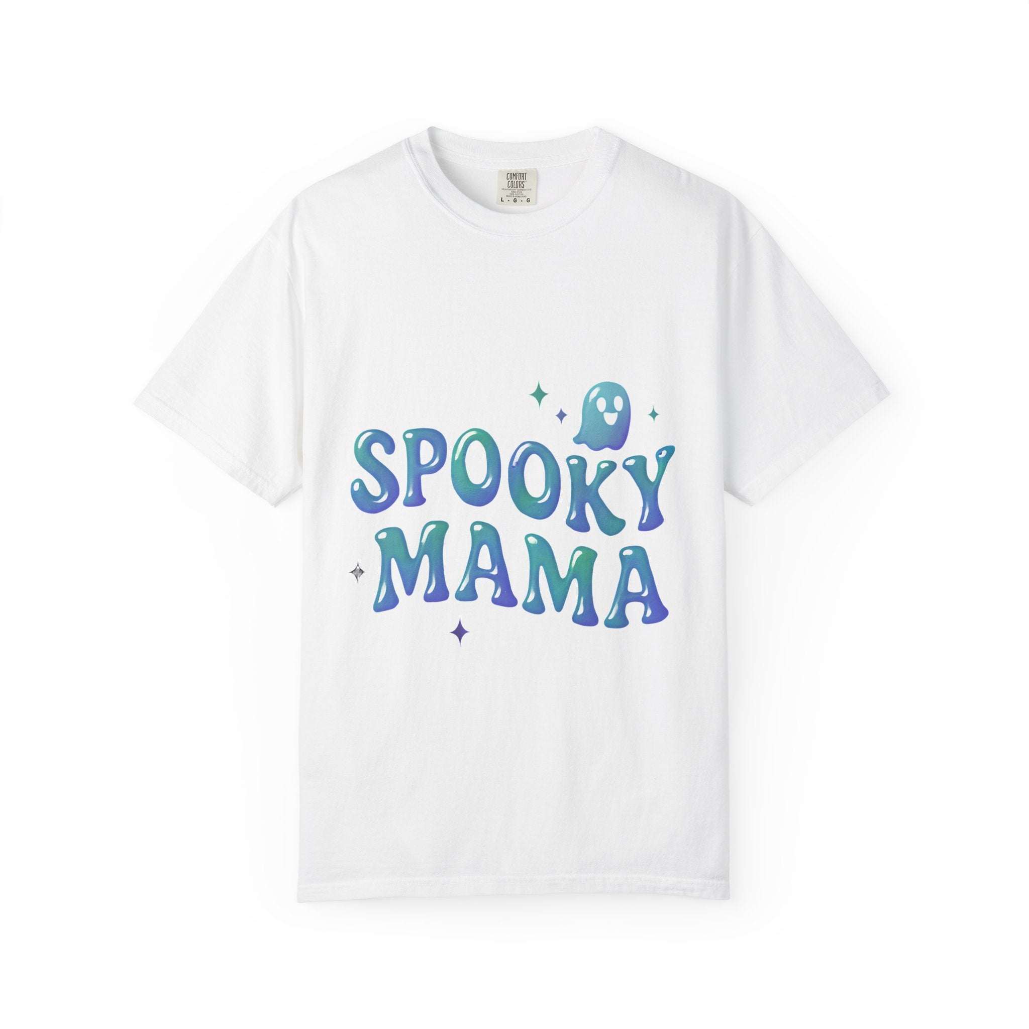 White Spooky Mama Halloween t-shirt with ghost graphic and casual fit