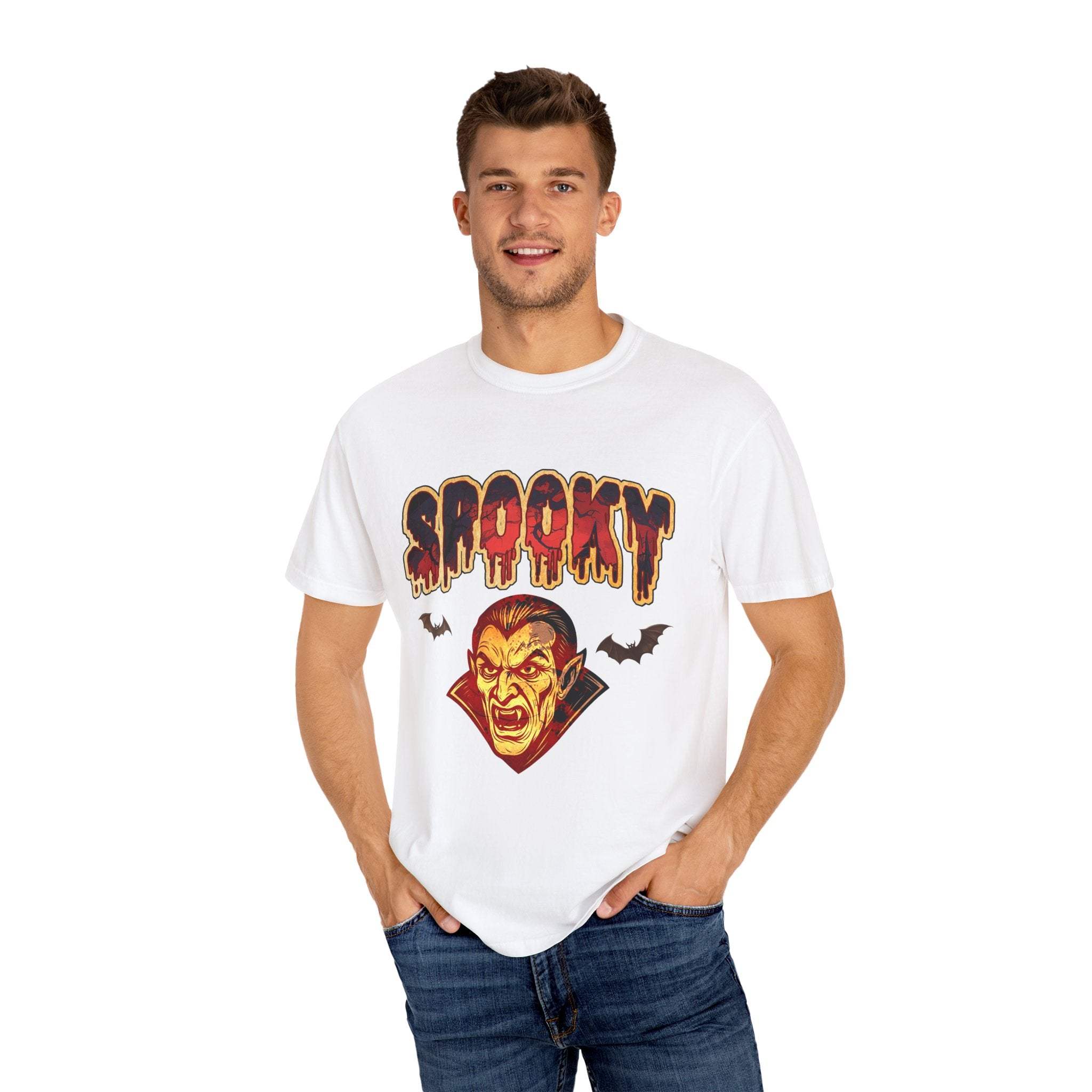Spooky Vampire Unisex Tee white Halloween T-shirt with vampire graphic and bats worn by man