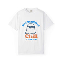 Sus Ghost T-shirt with suspiciously chill ghost design on soft garment-dyed fabric for casual and Halloween wear
