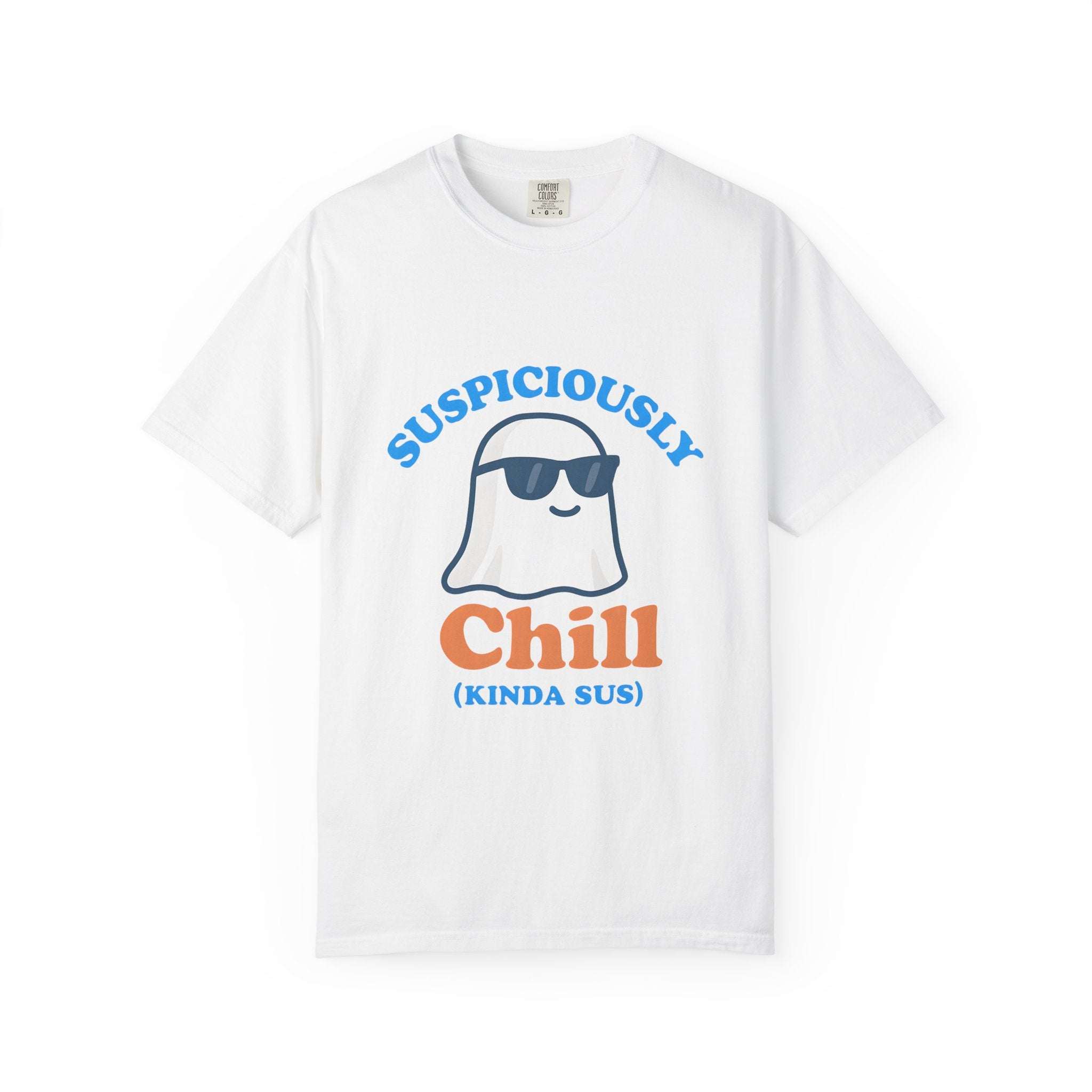 White unisex Sus Ghost T-shirt with a cool ghost graphic and "Suspiciously Chill (Kinda Sus)" text